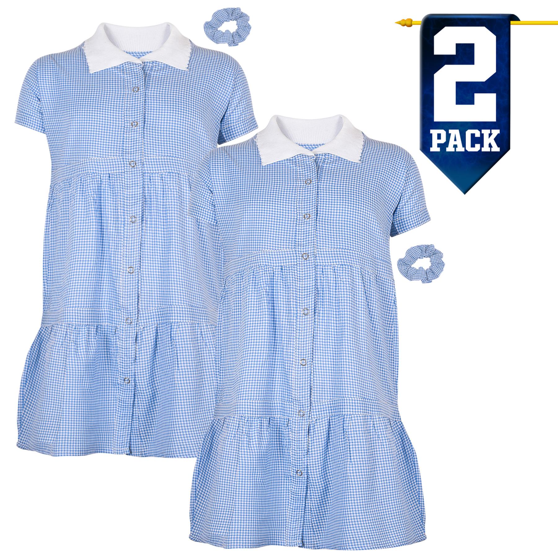 Kids Girls 2 Pack Gingham School Dress Check Button Up Tiered Dresses With Scrunchies