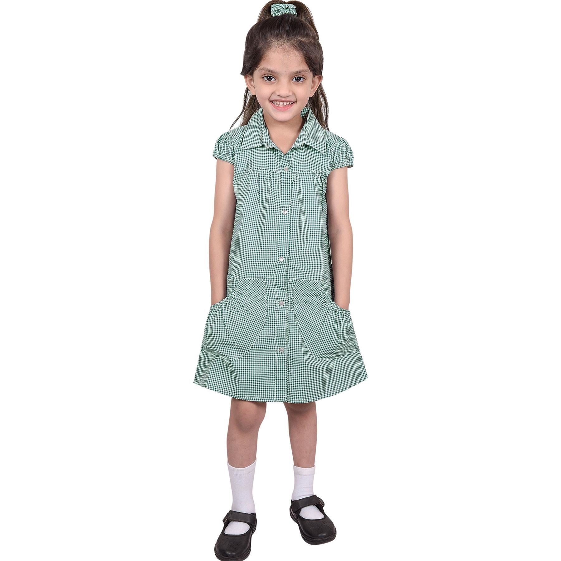 Girls Uniform School Dress Gingham Check Printed Dress With Matching Scrunchies