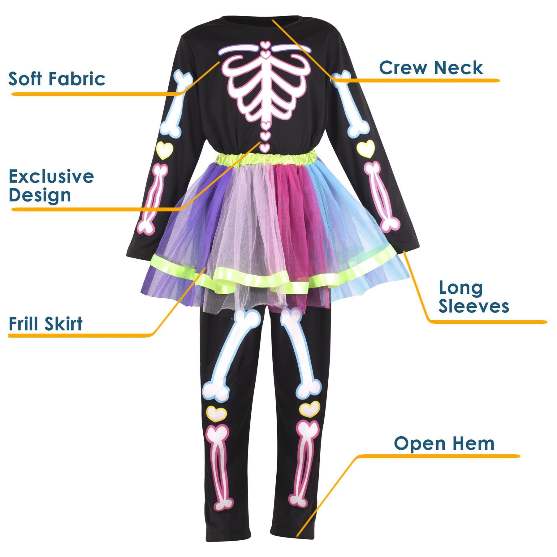 Kids Girls Skeleton Costume With Rainbow Tutu Halloween Parties Fancy Dress