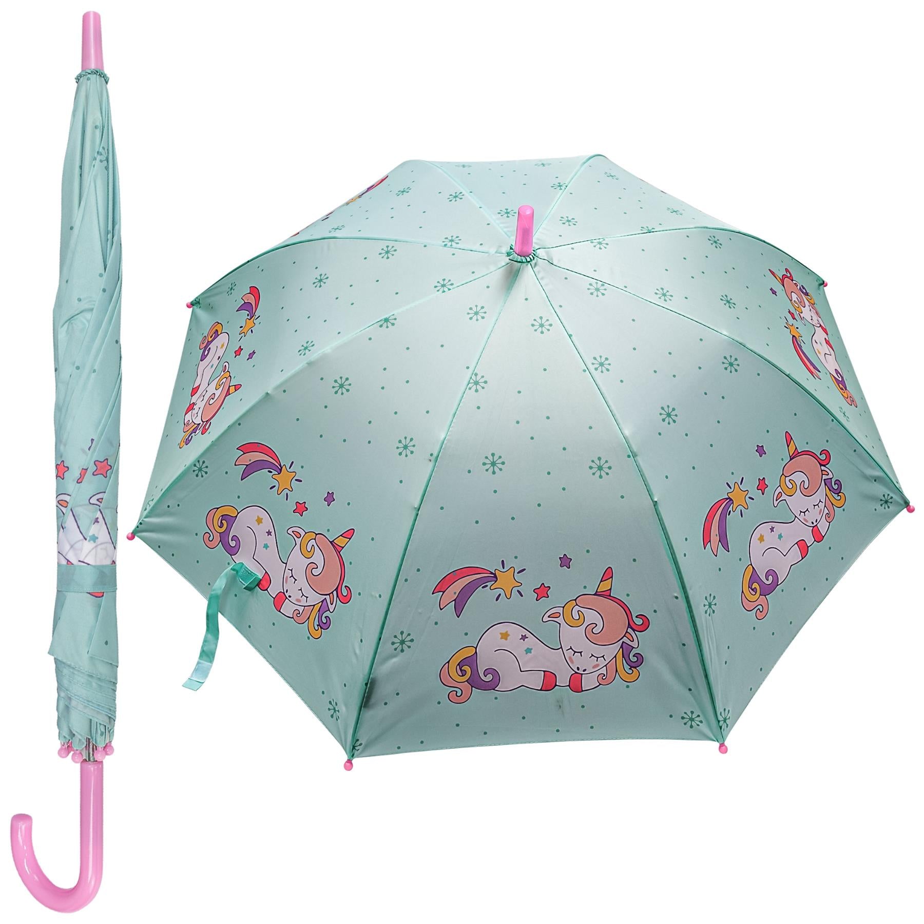 Kids Unicorn Umbrella Walking Umbrellas Wind Waterproof Brolly J-Stick Canopy