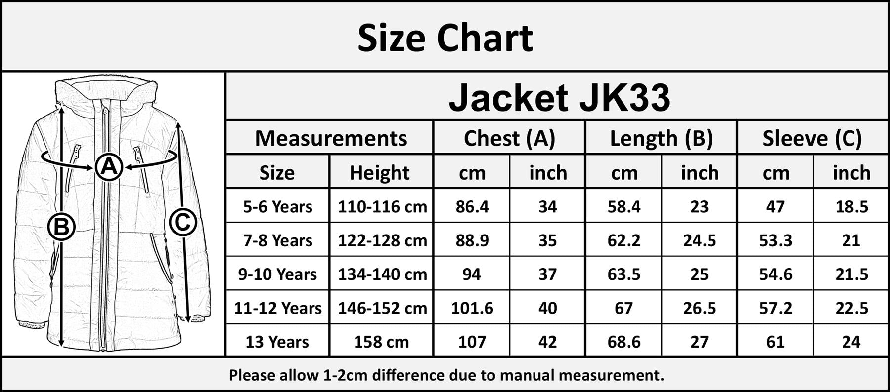 Kids Girls Longline Fashion Black Padded Casual Jacket - Kids Clothing Store