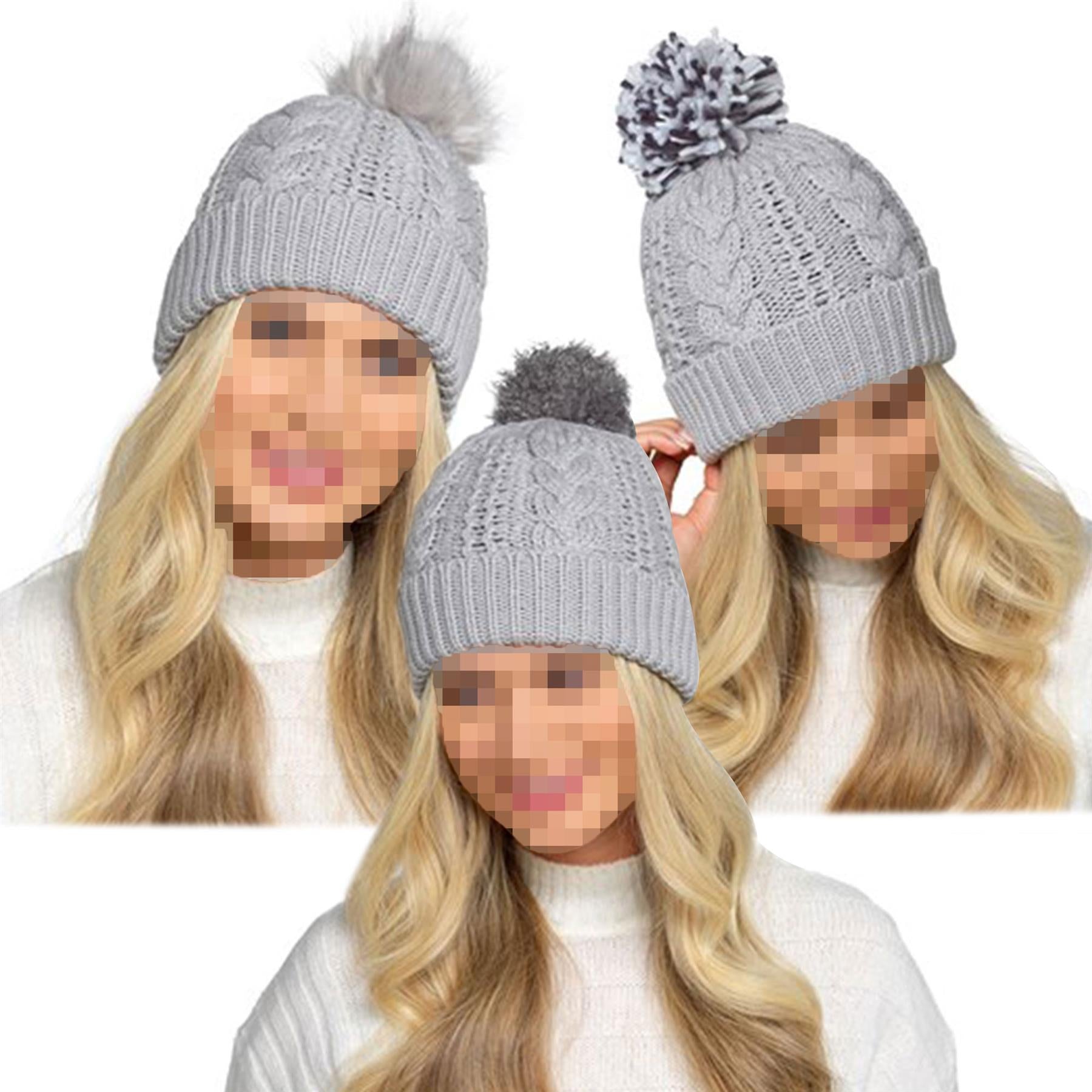 A2Z Ladies Hat Cable Knitted Detachable Pom Pom Stretchy Winter Warm Cazy Caps