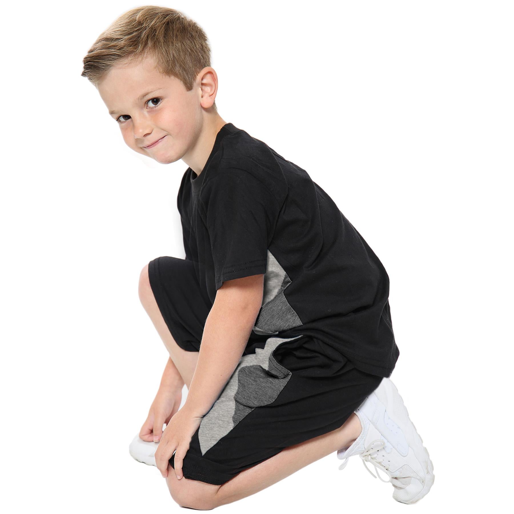 Kids Boys Girls T Shirts 100% Cotton Contrast Panelled Summer Top & Shorts Set