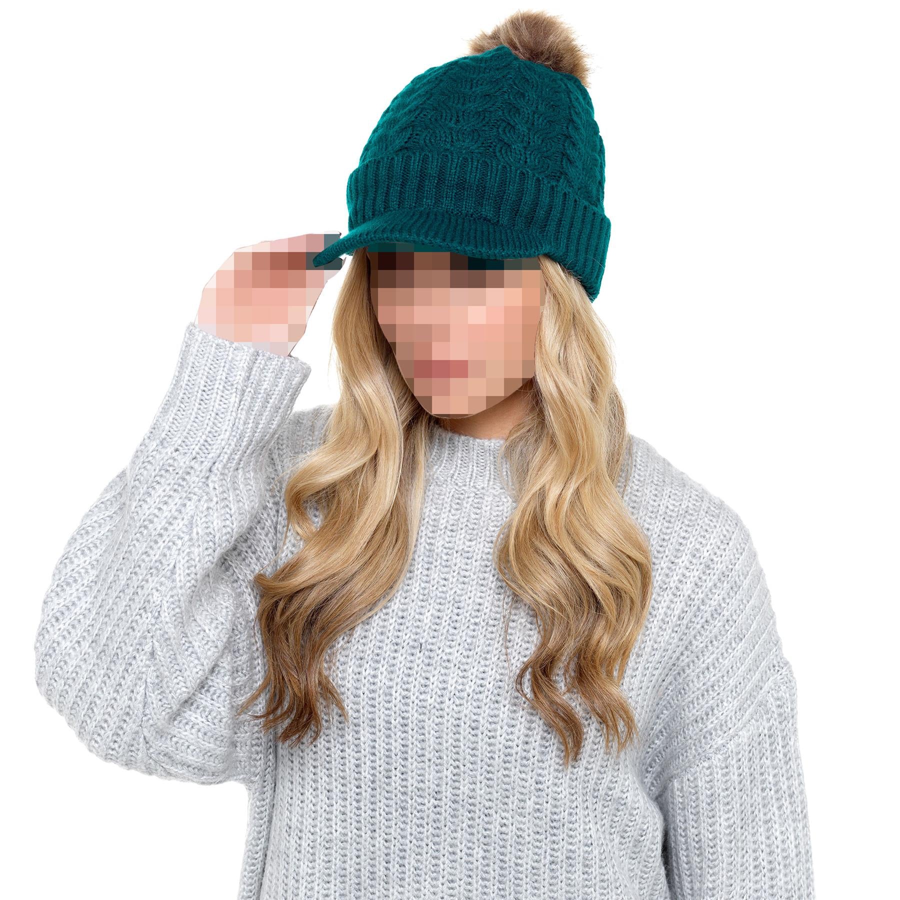 A2Z Ladies Hat Cable Knit Peaked Sherpa Detachable Pom Pom Winter Warm Cozy Caps