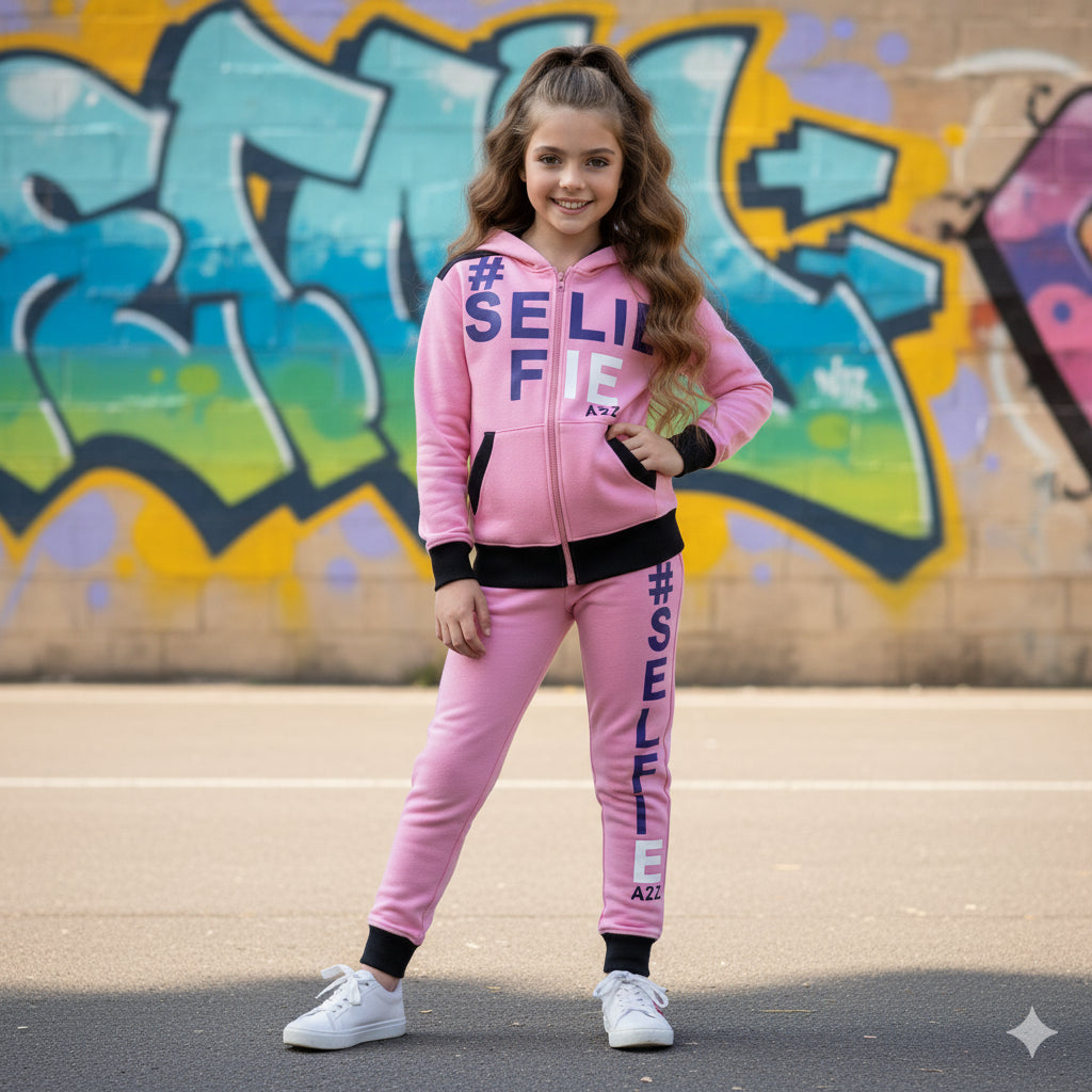 A2Z 4 Kids Girls Boys #SELFIE Tracksuit Hoodie & Joggers Outfit Set Top Bottom