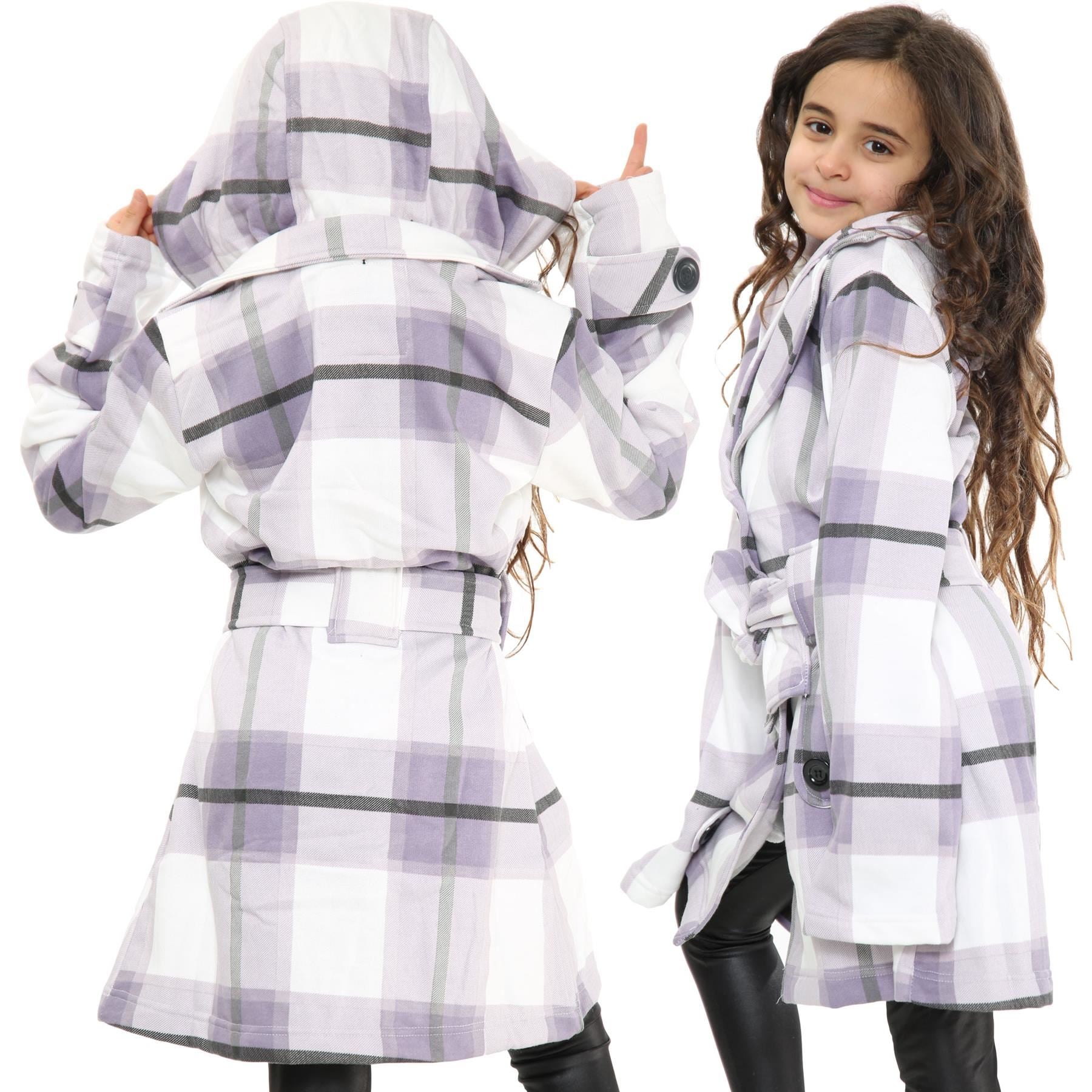 Kids Girls Overcoats Hooded Trench Coats Lapels Lilac Check Long Parka Jackets