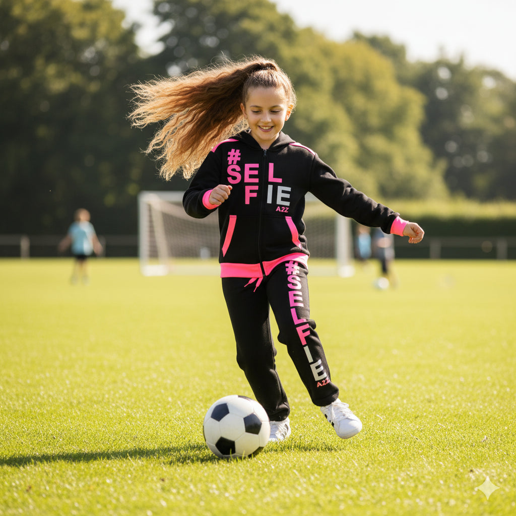 A2Z 4 Kids Girls Boys #SELFIE Tracksuit Hoodie & Joggers Outfit Set Top Bottom