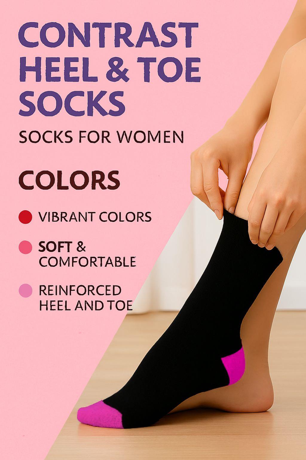 Women Plain Cotton Crew Socks Multipack Contrast Heel Toe Casual Ladies Socks