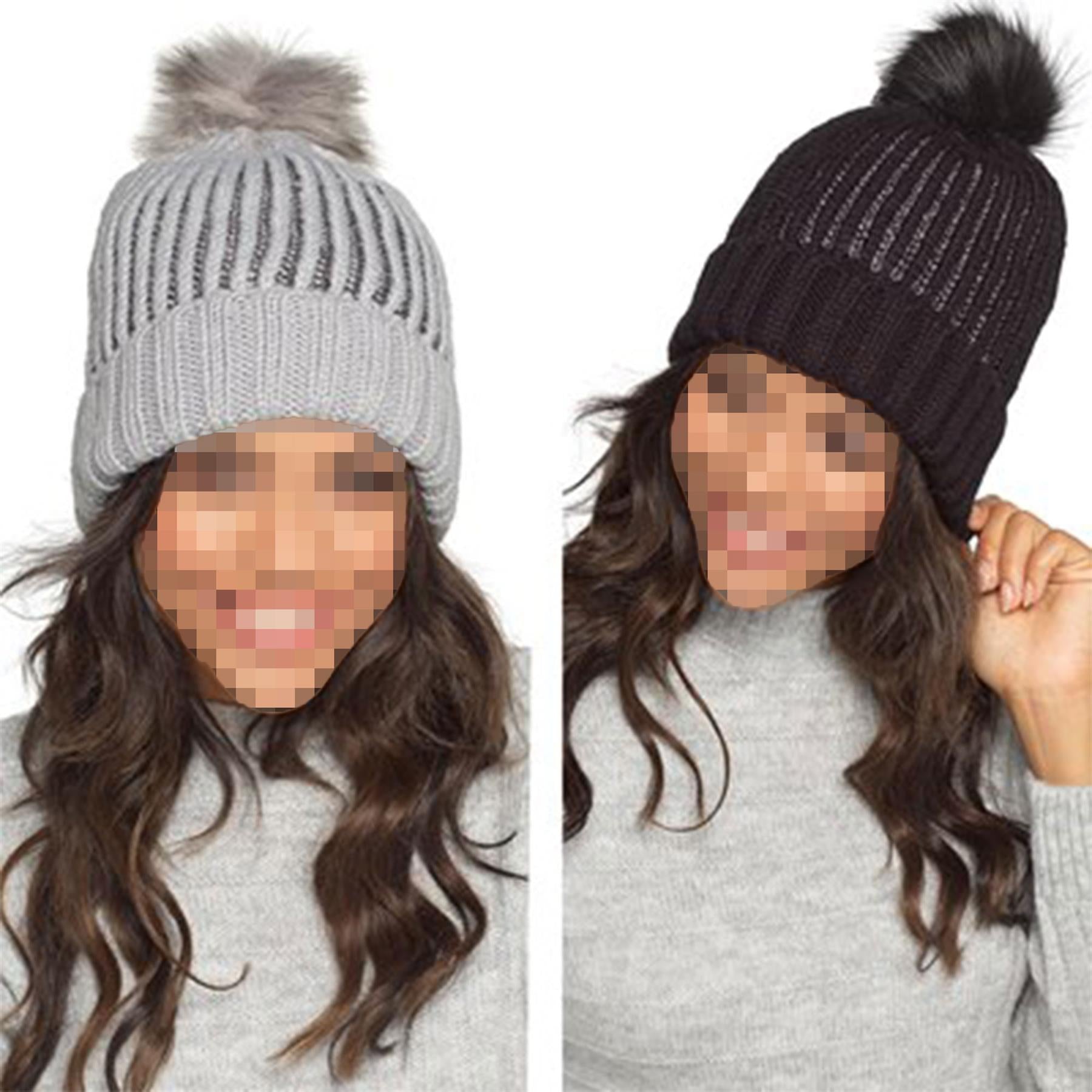 Ladies Hat Ribbed Lurex Knit Bobble Pom Pom Fleece Lining Winter Warm Cozy Hats