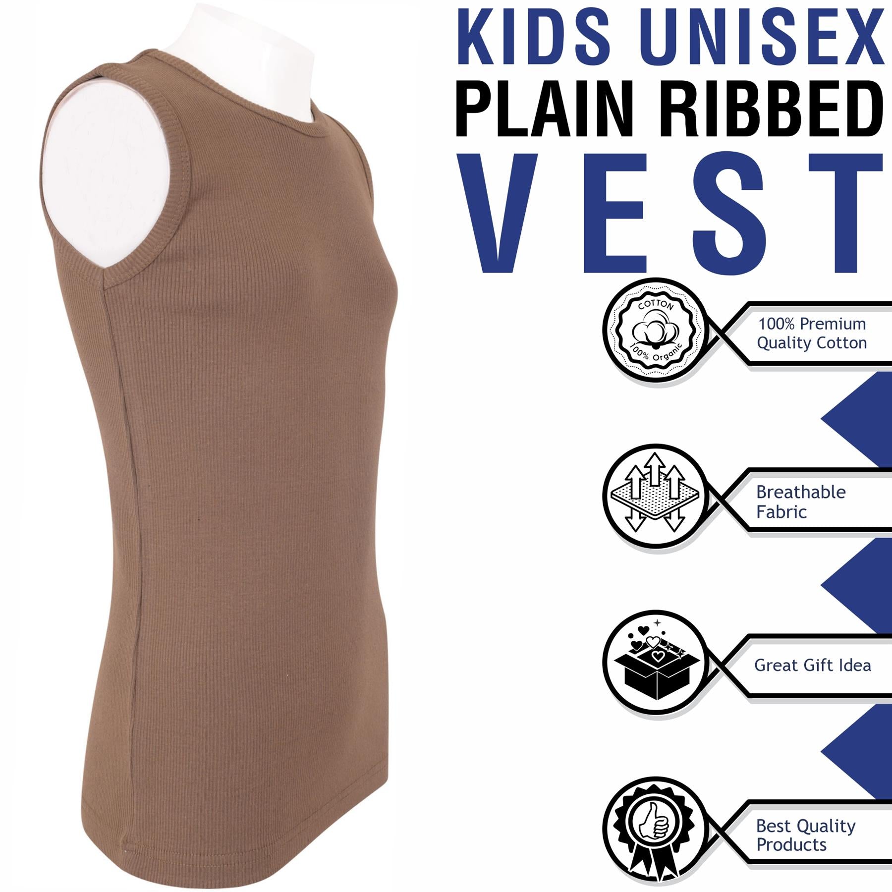 Kids Girls Ribbed Vest Top 100% Thick Cotton Fashion Tank Tops T Shirt 2-13 Year