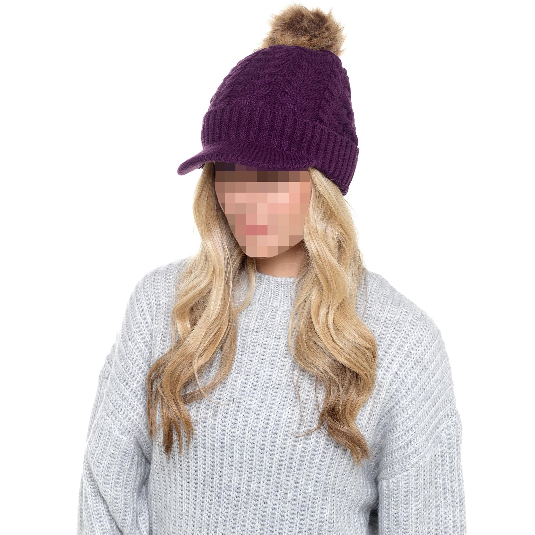 A2Z Ladies Hat Cable Knit Peaked Sherpa Detachable Pom Pom Winter Warm Cozy Caps