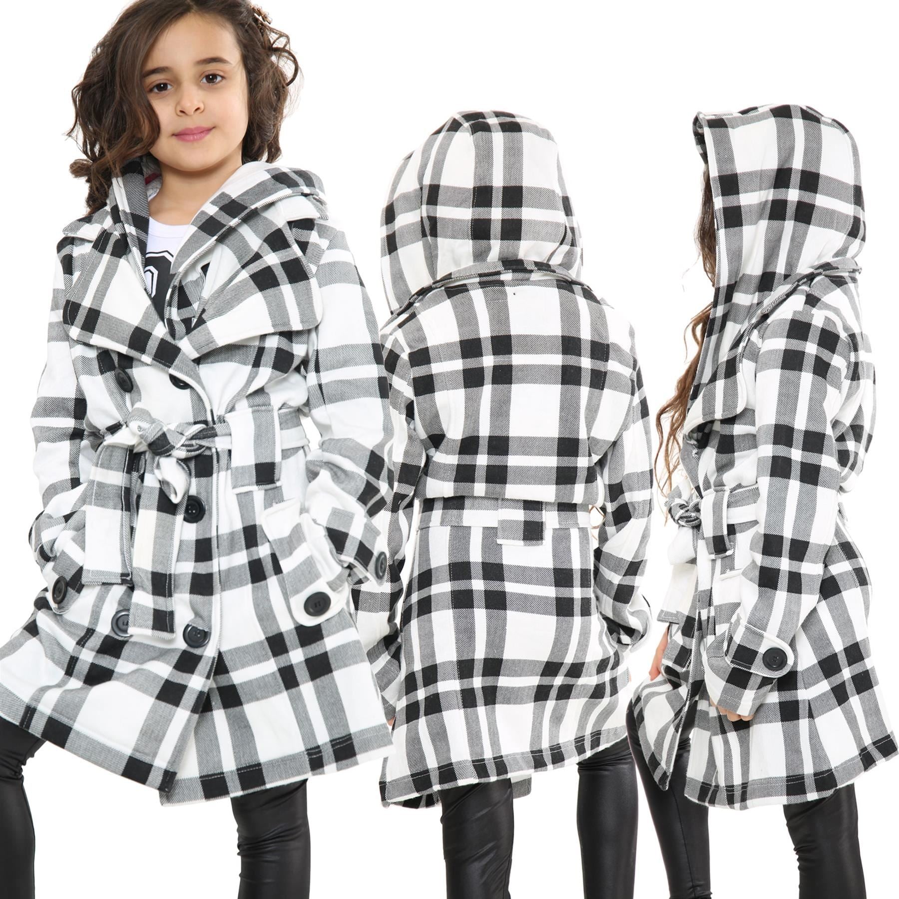 Kids Girls Overcoats Hooded Trench Coats Lapels White Check Long Parka Jackets