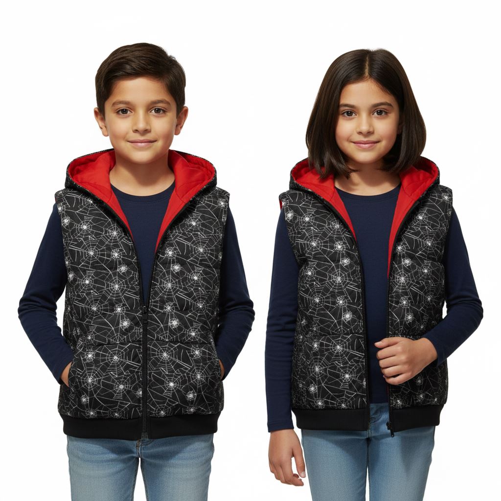 A2Z Kids Padded Hooded Gilet Spider Web Print Sleeveless Jacket 5-14 Years