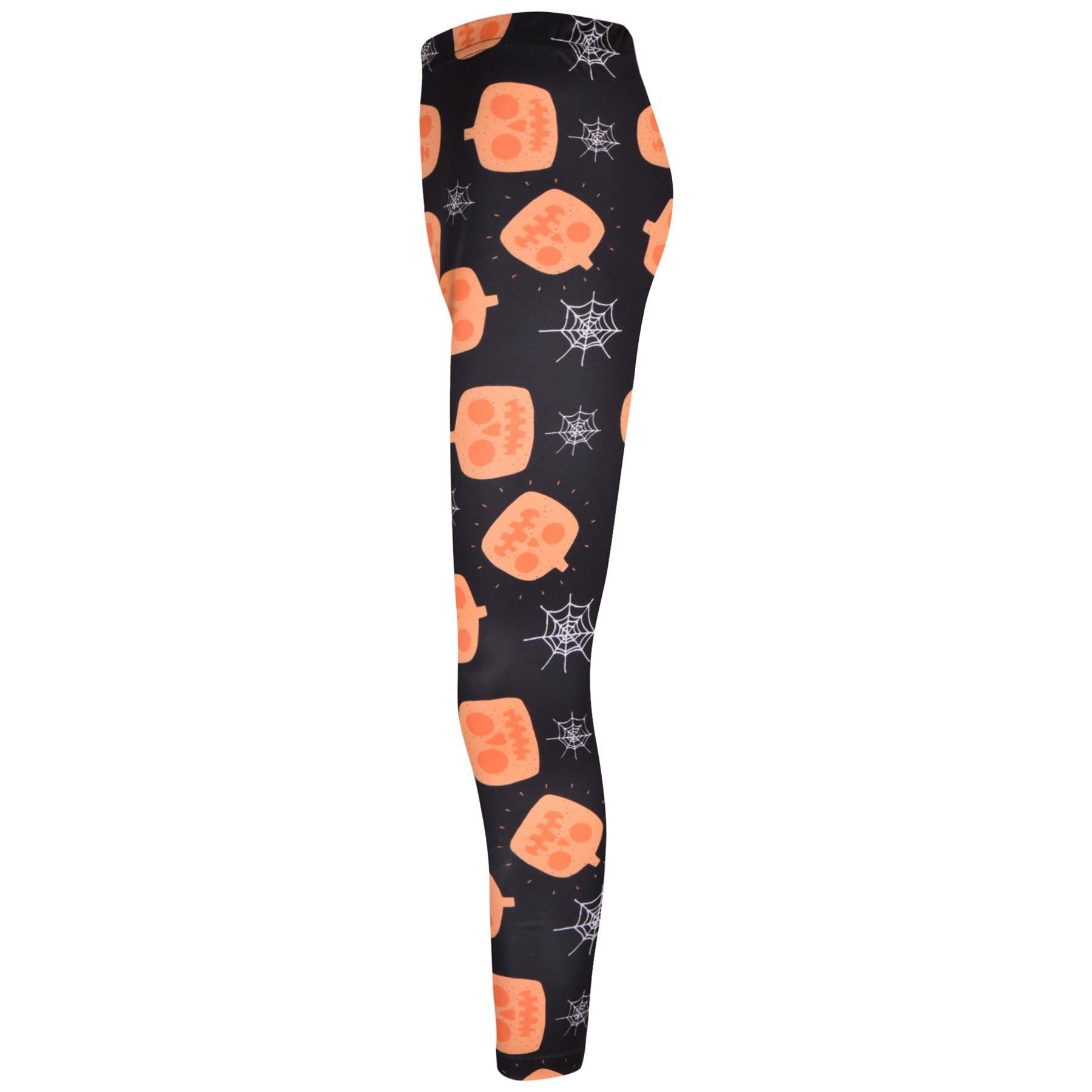 Girls Pumpkins & Spider Web Print Black Soft Stretchy Halloween Leggings