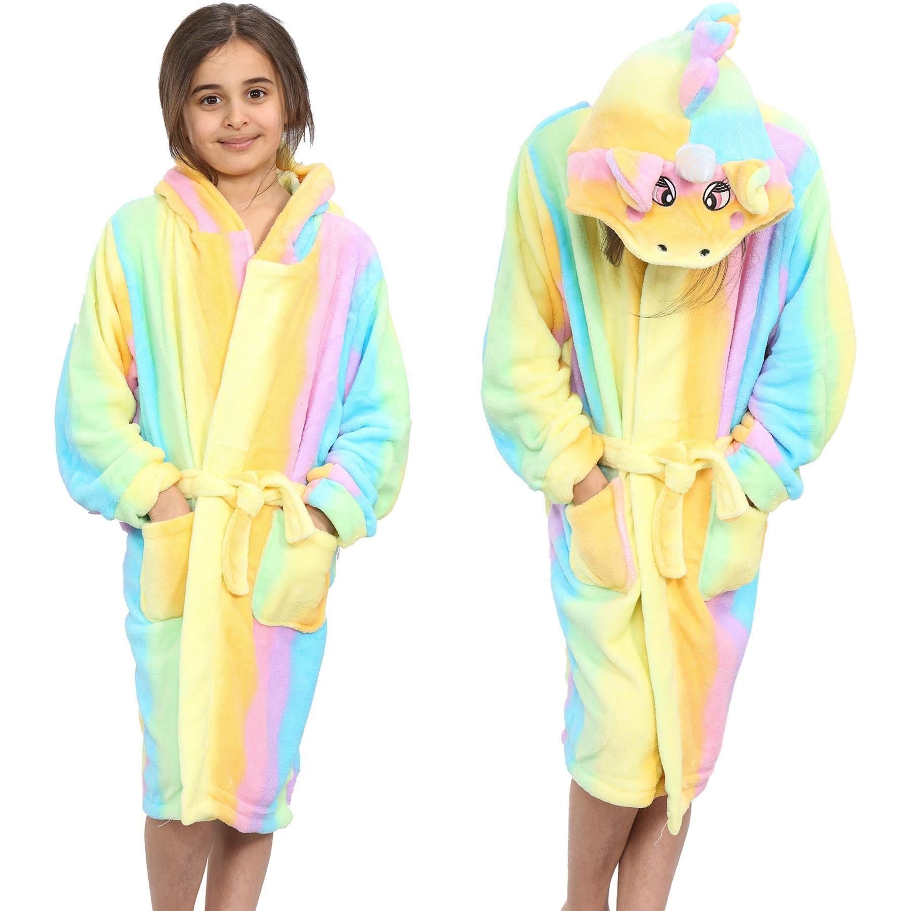 Kids Girls Unicorn Rainbow Print Hooded Bathrobe 3D Xmas Gown