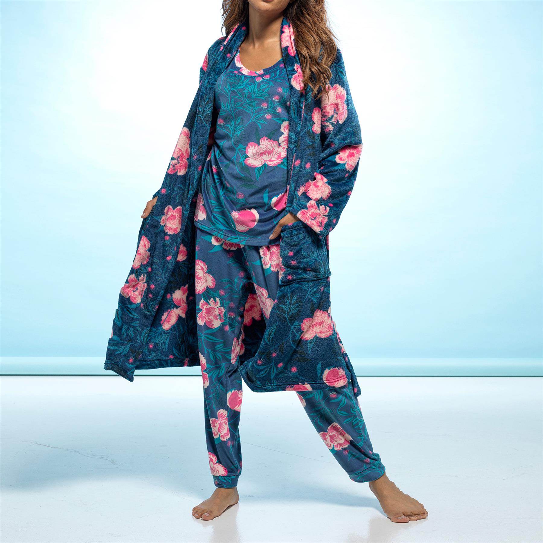 A2Z Ladies Shimmer fleece Floral Print knee Length Dressing Gown Changing Robe