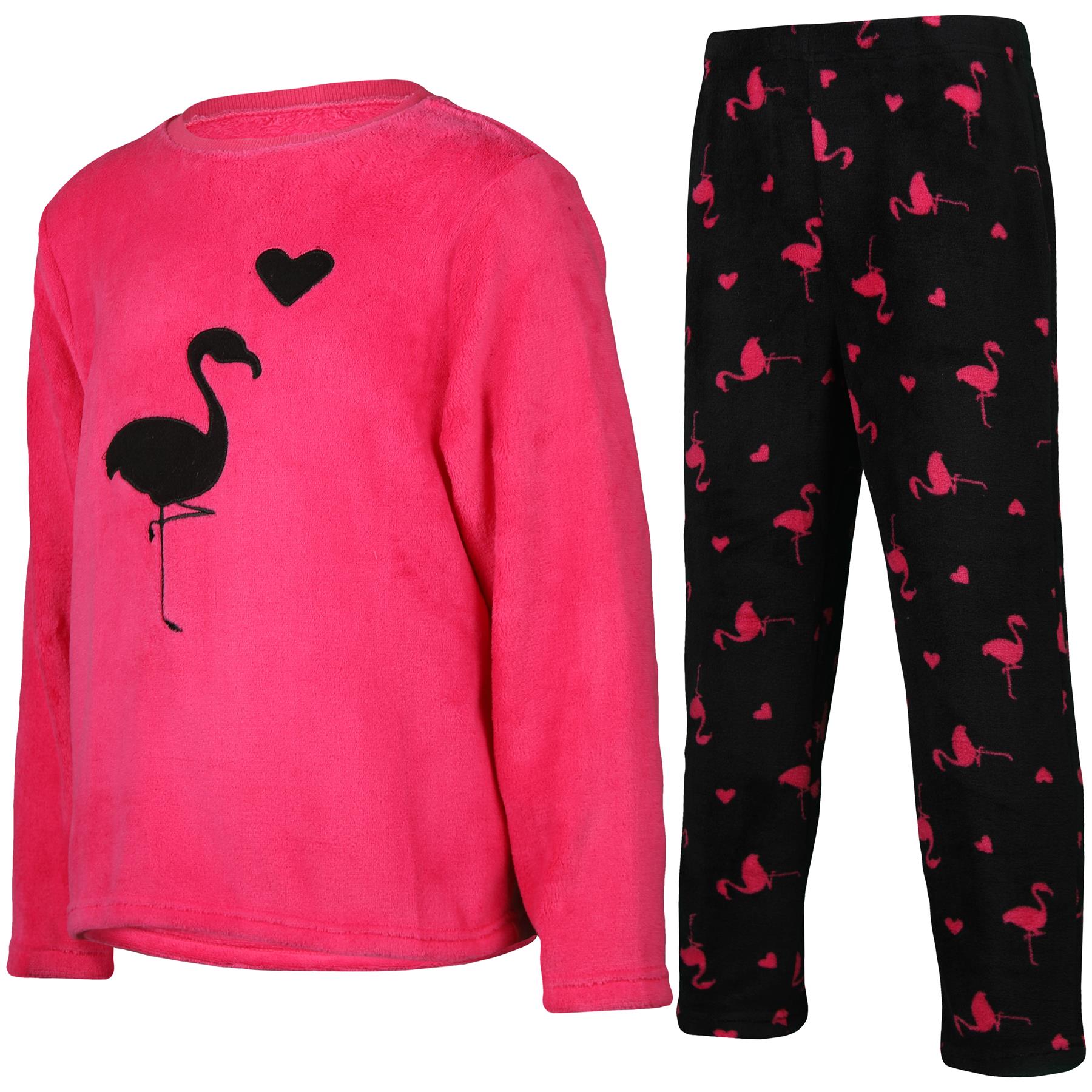 Kids Girls Pyjamas 2 Piece Soft Fluffy Loungewear Flamingo Cosy Pyjama Set