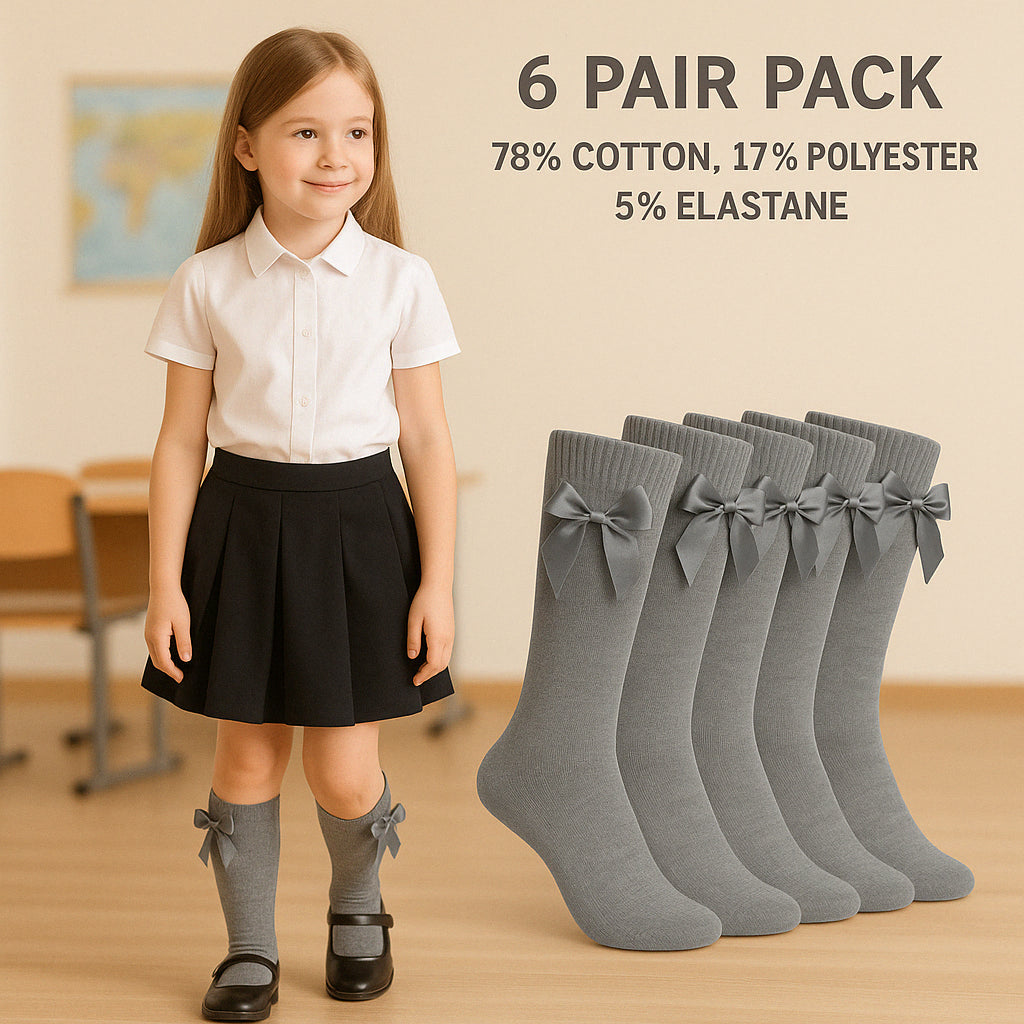 A2Z 4 Kids Girls 6 Pack Plain Knee High Socks With Ribbon Bow School Socks