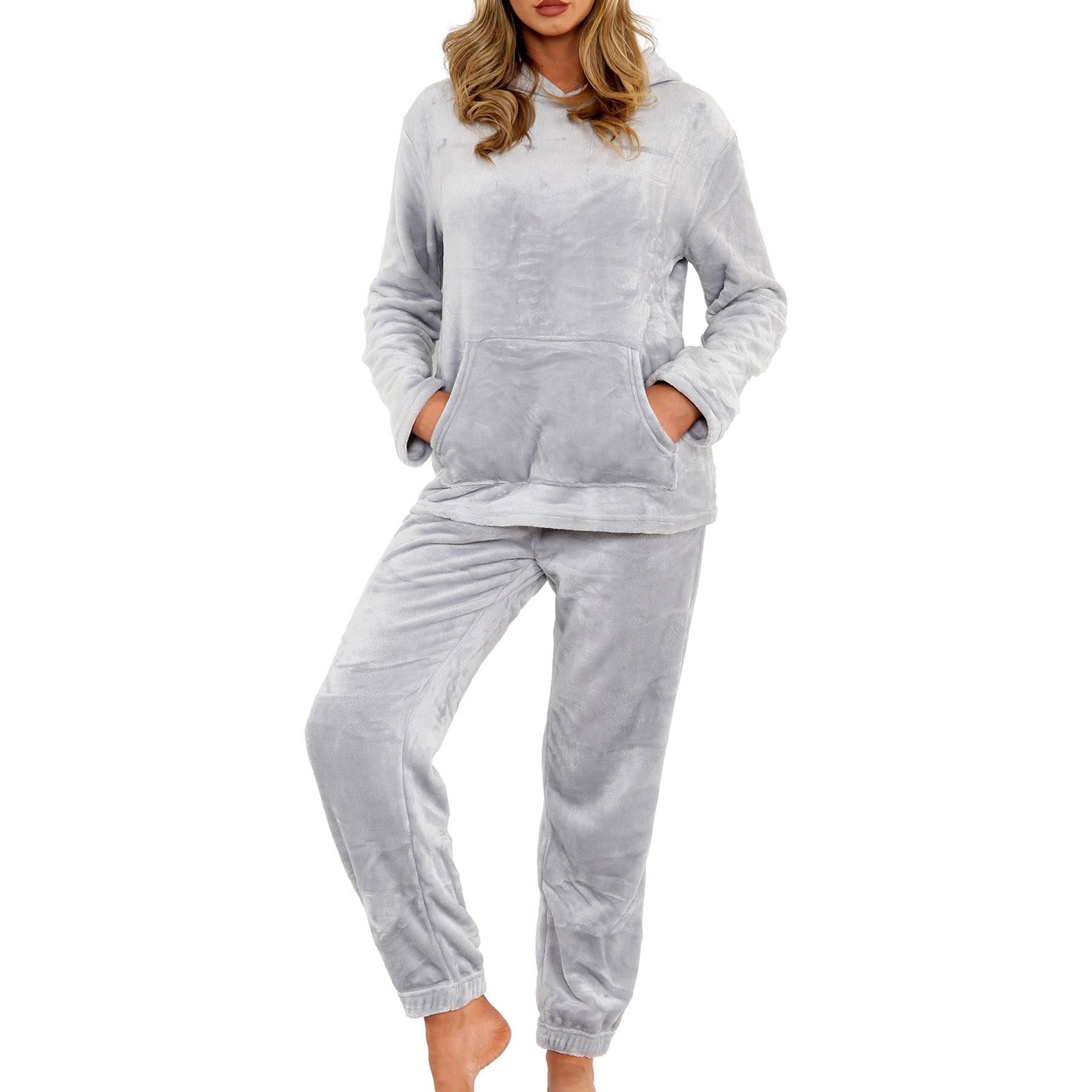 Ladies Pyjamas Set Long Sleeve Hooded Plain Soft Fleece Pyjamas Set