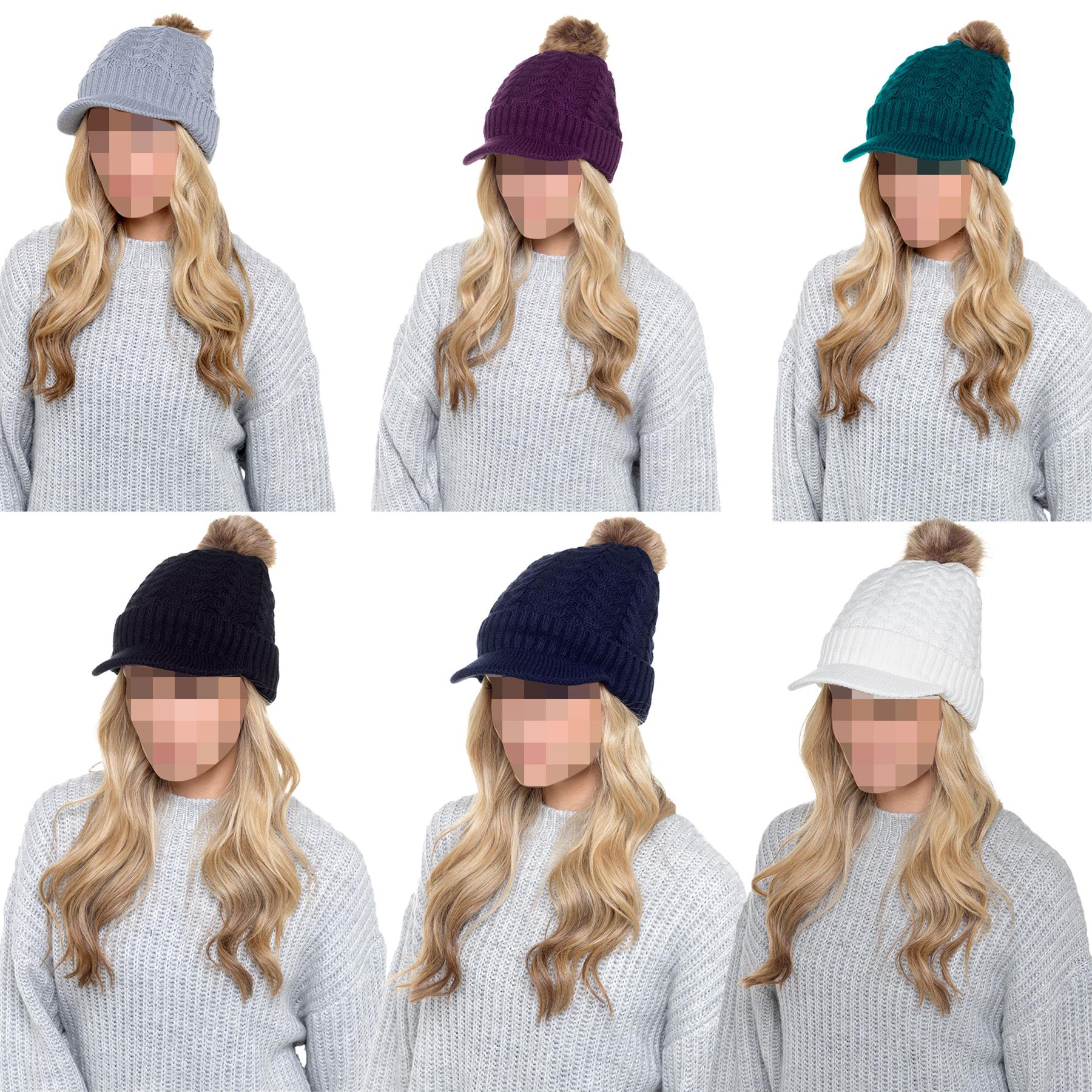 A2Z Ladies Hat Cable Knit Peaked Sherpa Detachable Pom Pom Winter Warm Cozy Caps