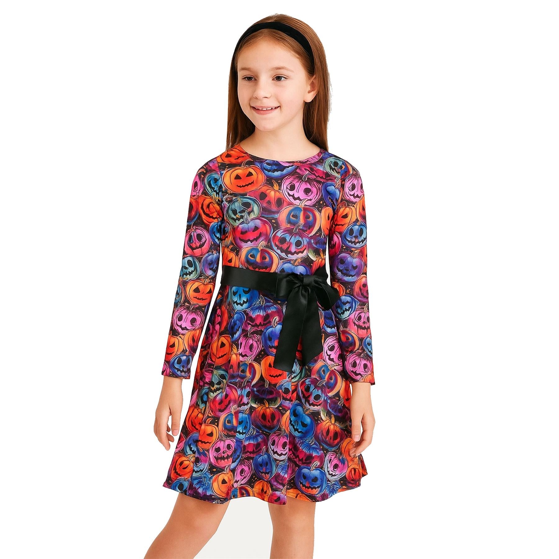 Girls Long Sleeves Multi Color Pumpkins Print Halloween Skater Dress