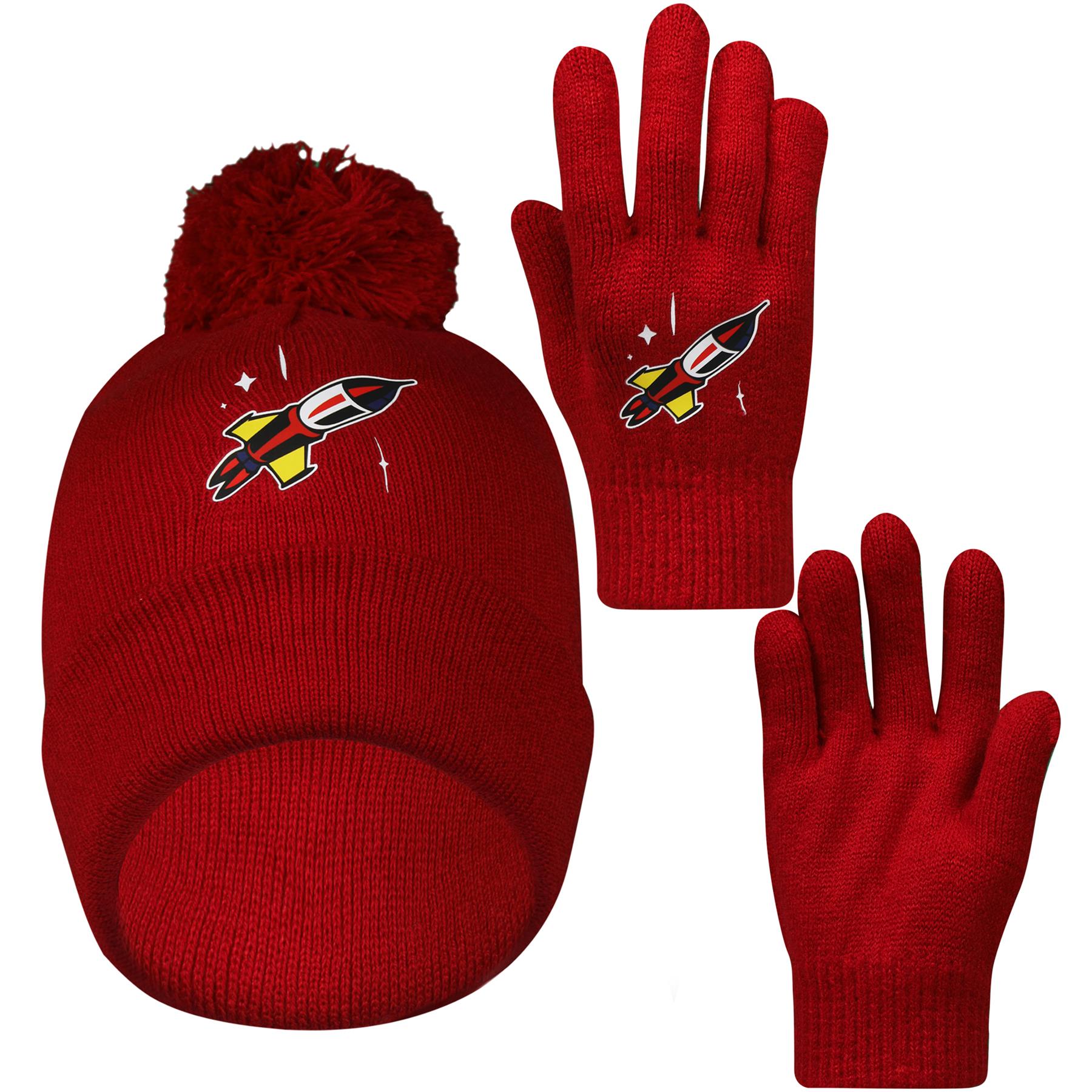 Kids Girls Boys Hat Glove Set Winter Warm Knitted Bobble Pom Pom Red Gloves Hats