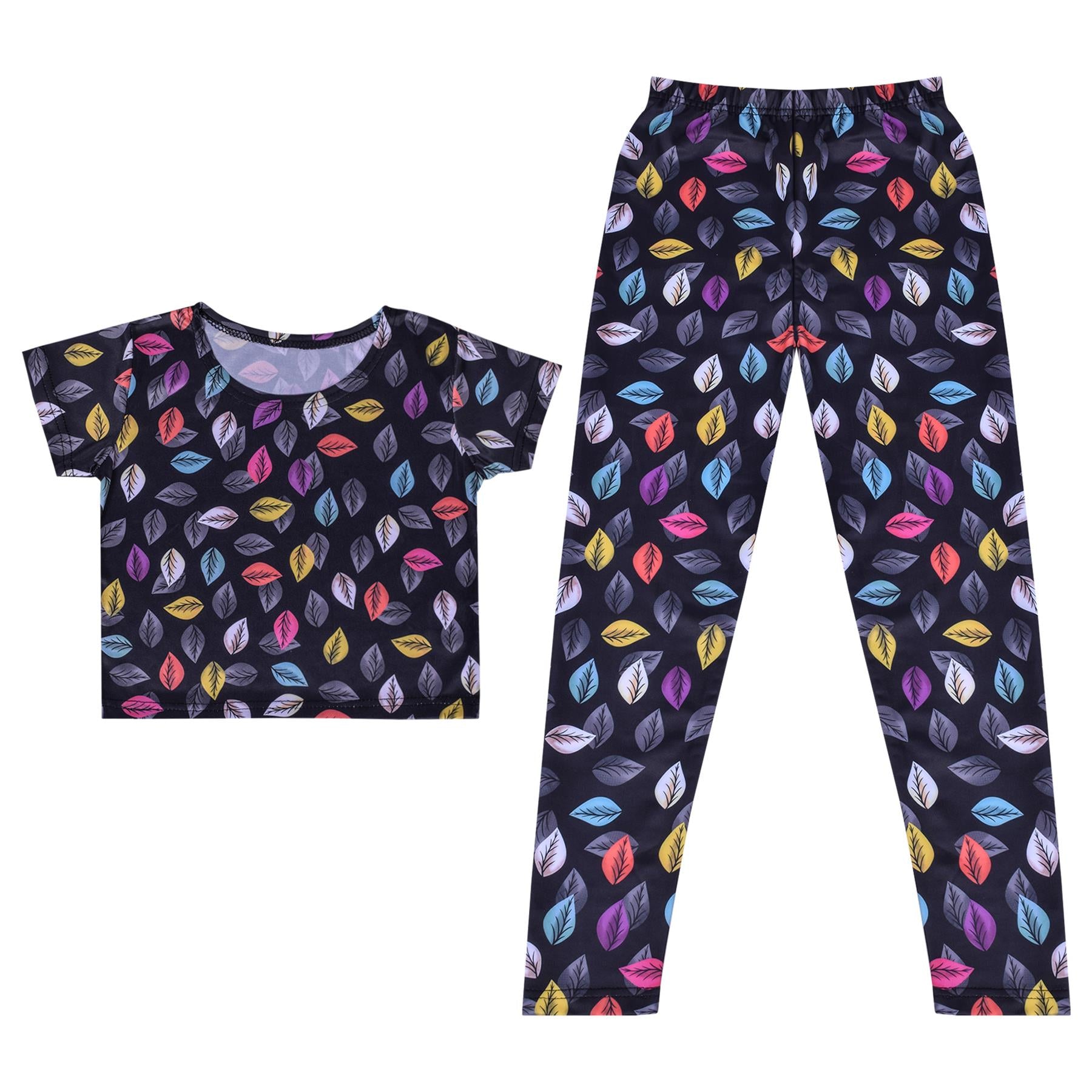 Kids Girls Leaves Crop Top Legging Set Comfortable Casual Wear Outfit Sets