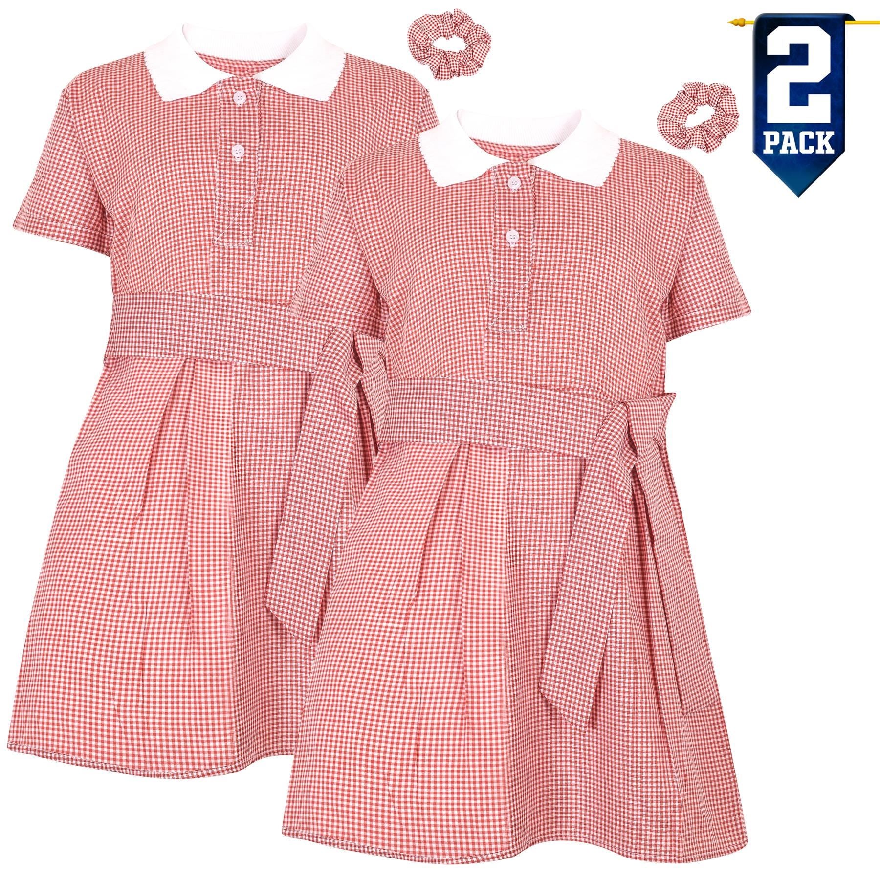 Girls 2 Pack Gingham School Dress Check Belted Dresses With Matching Scrunchies
