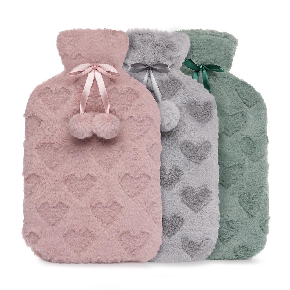 A2Z Hot Water Bottle 2 Litre Heart Embossed Plush Fleece Cover Hot Water Bag