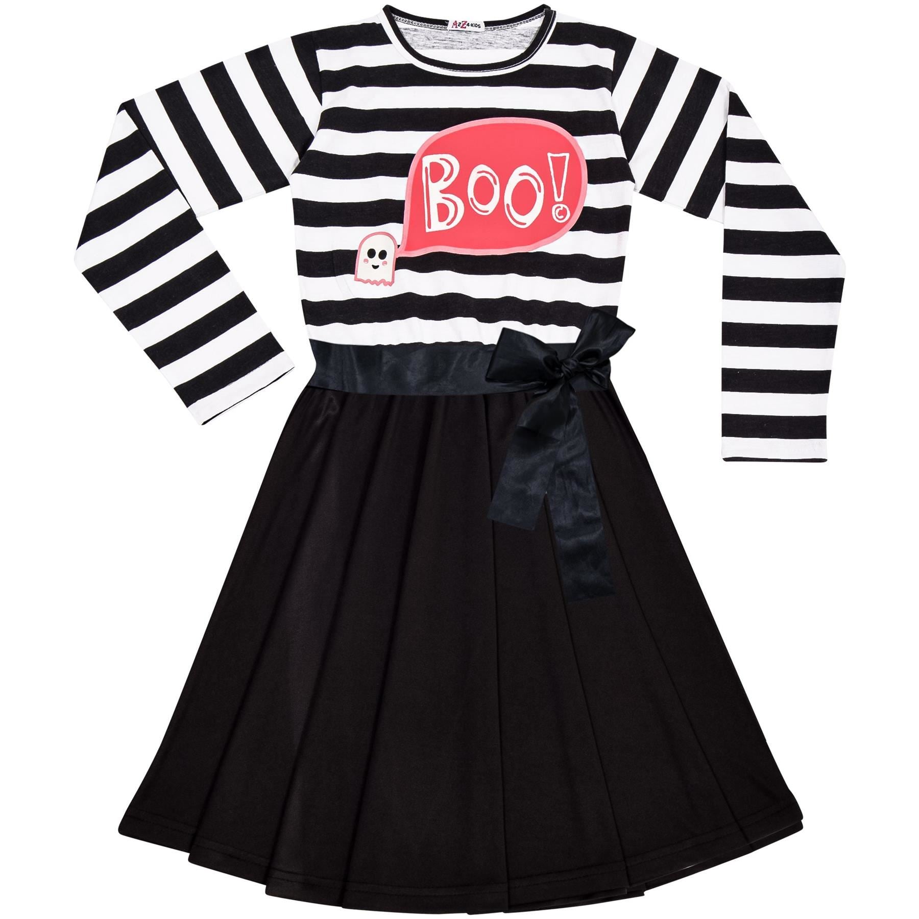 Girls Long Sleeves Boo Printed Stripes Panelled Halloween Skater Dress