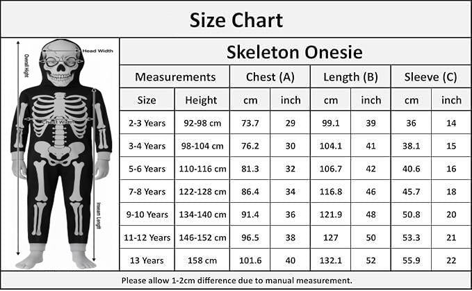 Girls Boys White Skeleton Print Pyjama Halloween Onesie