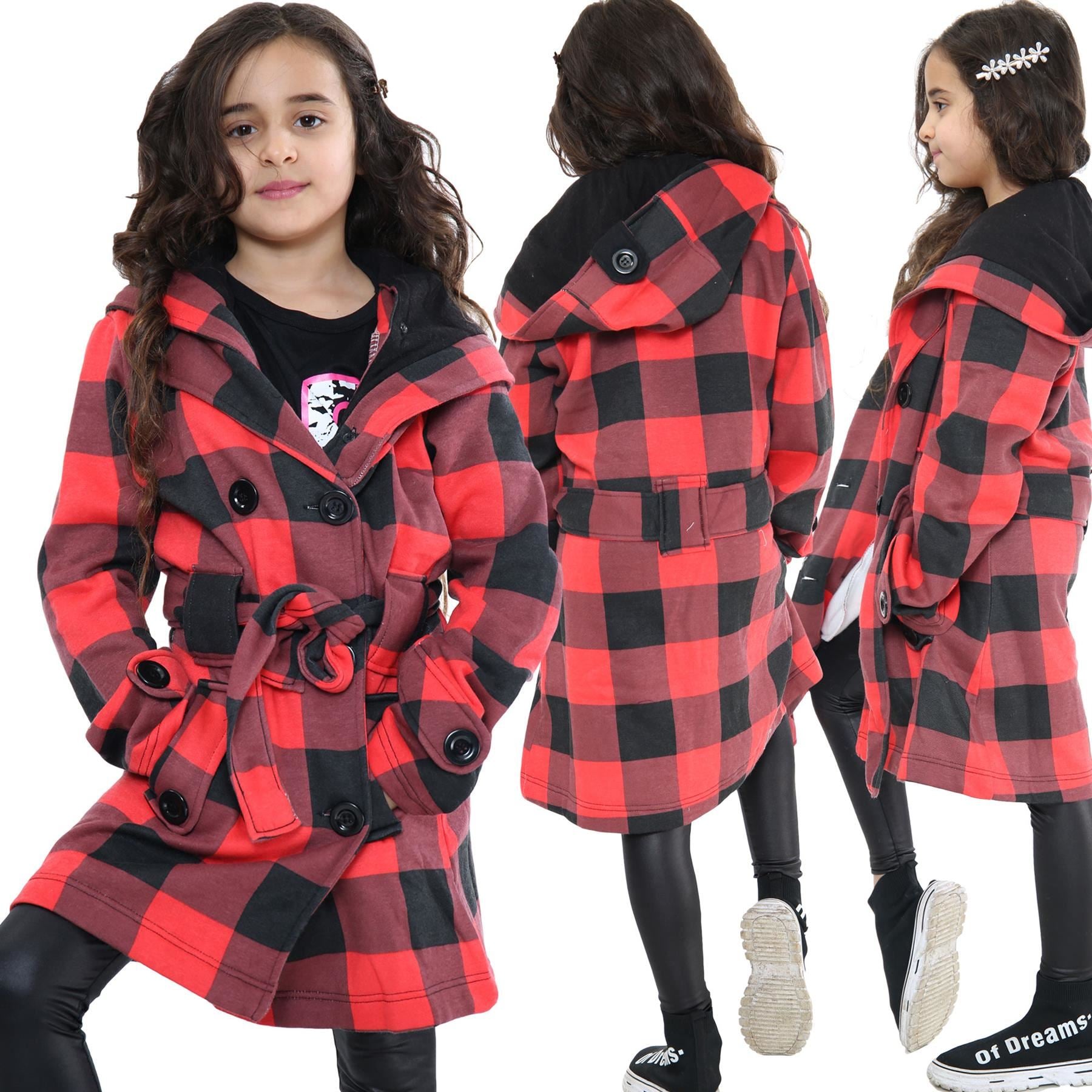 Kids Girls Overcoats Hooded Trench Coats Lapels Red Check Padded Parka Jackets