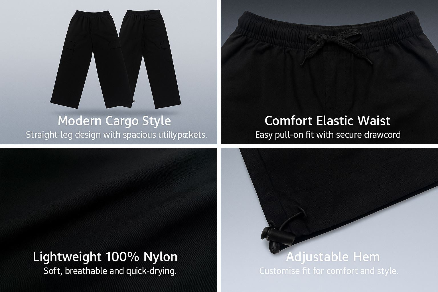 A2Z 4 Kids Boys Girls Cargo Trousers Nylon Utility Pants Adjustable Hem Drawcord