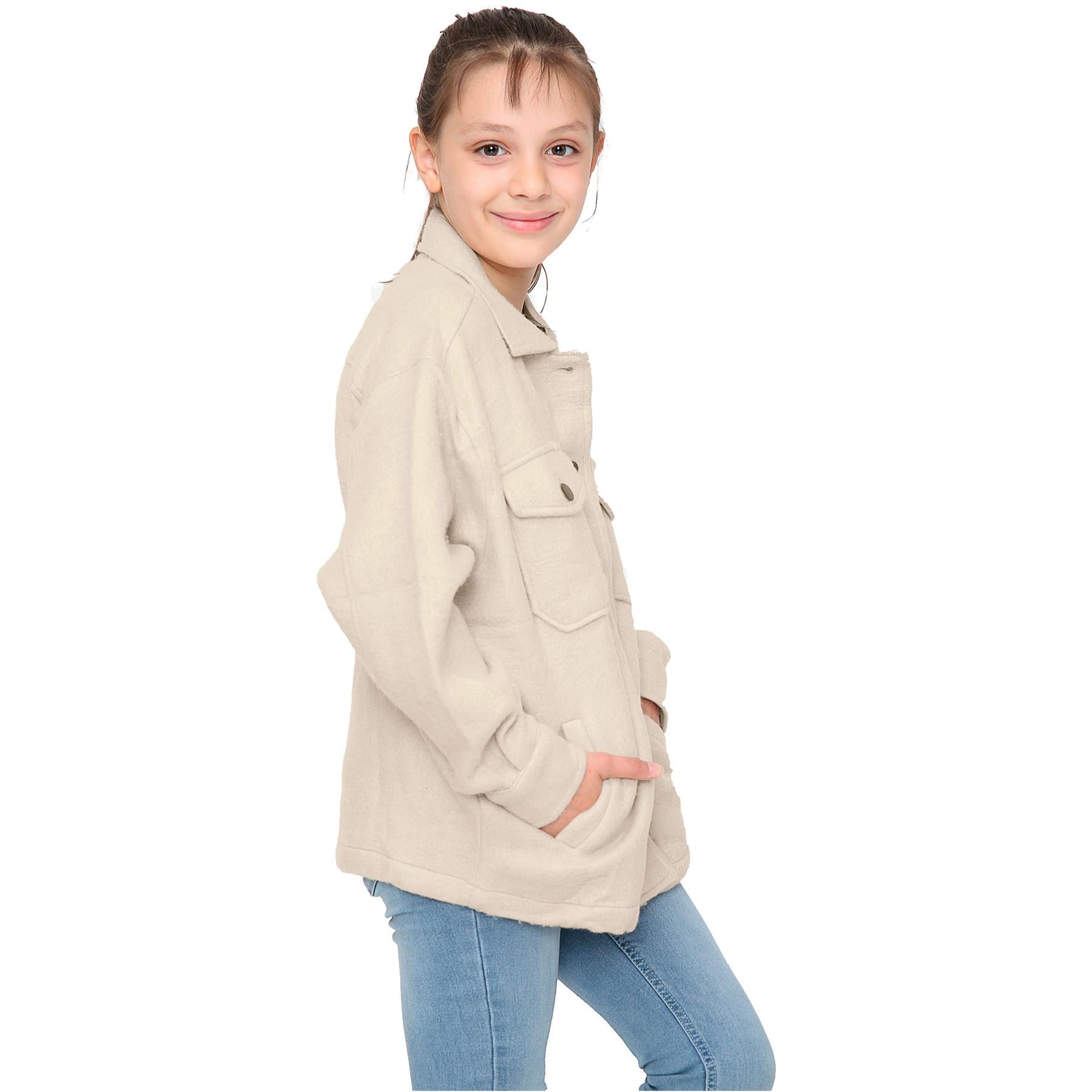 Kids Girls Plain Stone Color Jackets Tunic Fleece Collared Fashion Coat 7-13 Yrs