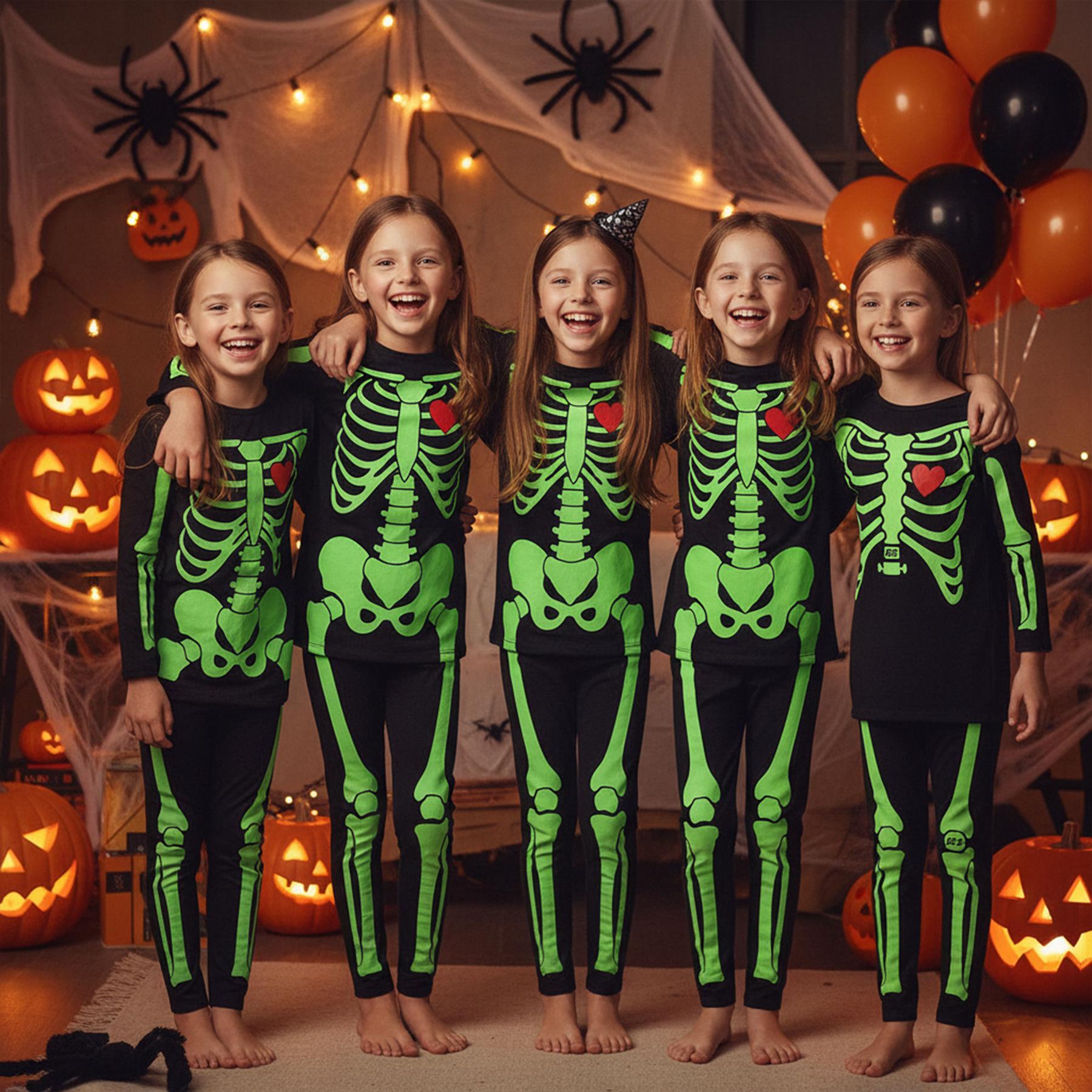 Kids Girls Skeleton Print Halloween Costume Set