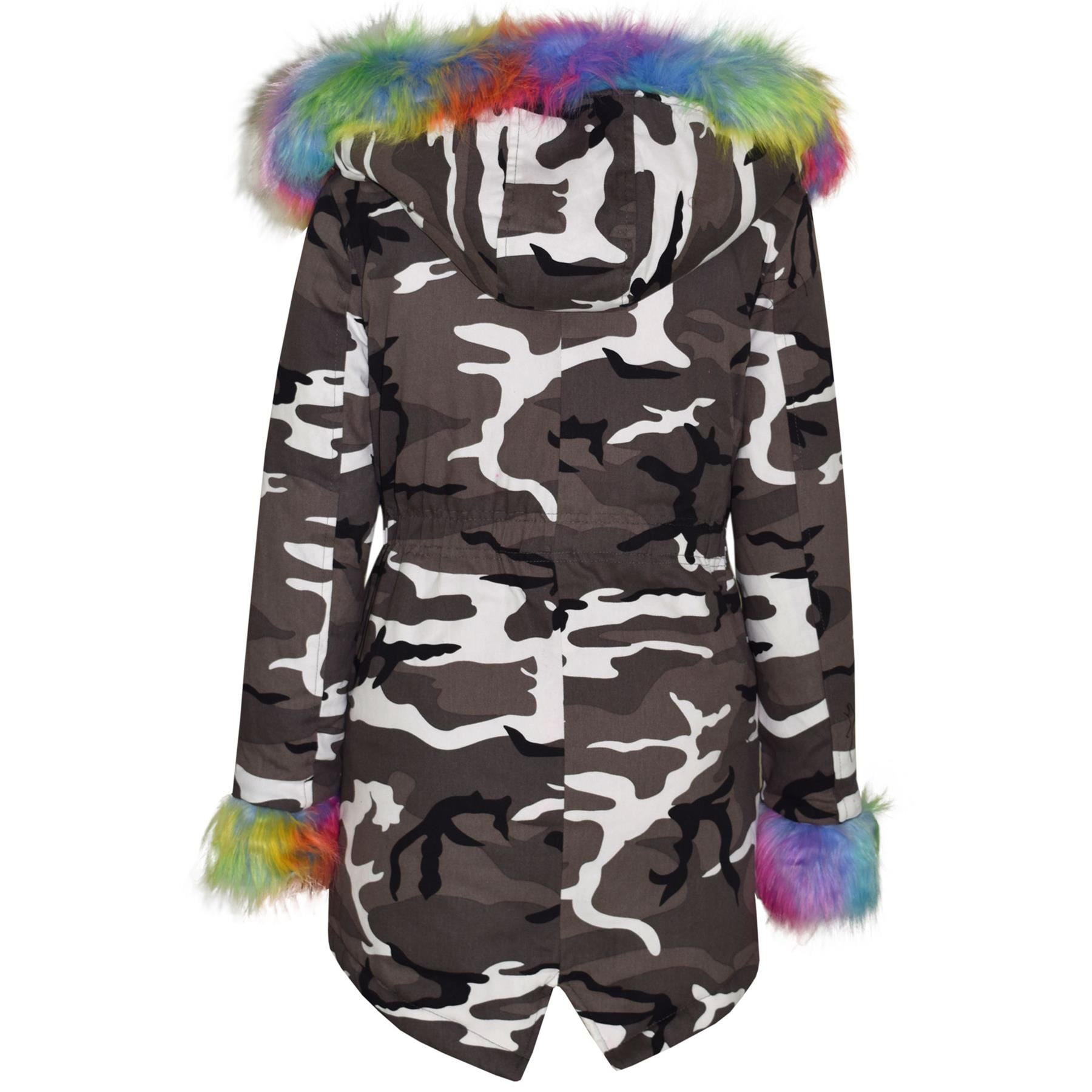 Kids Girls Hooded Jacket Rainbow Faux Fur Parka School Jackets Outerwear