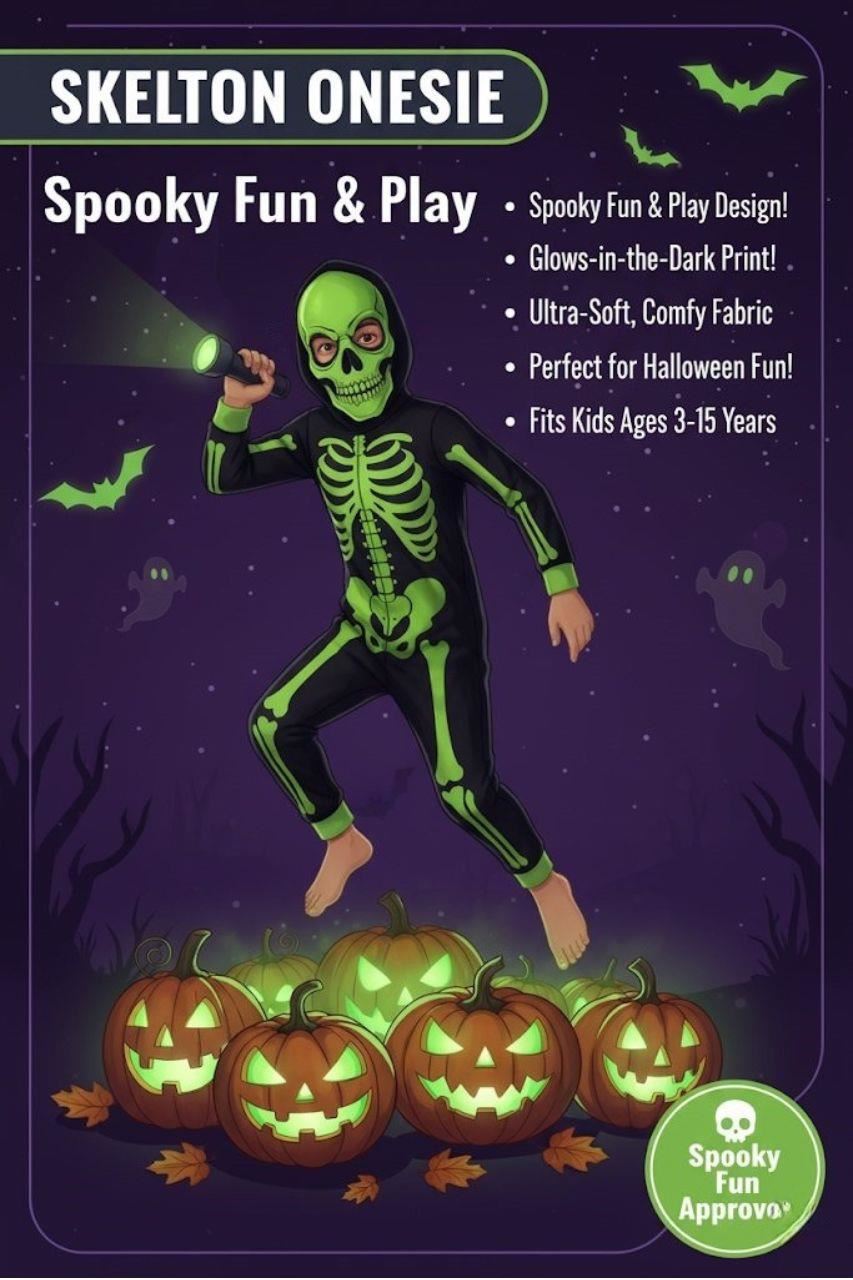 Girls Boys Neon Green Skeleton Print Pyjama Halloween