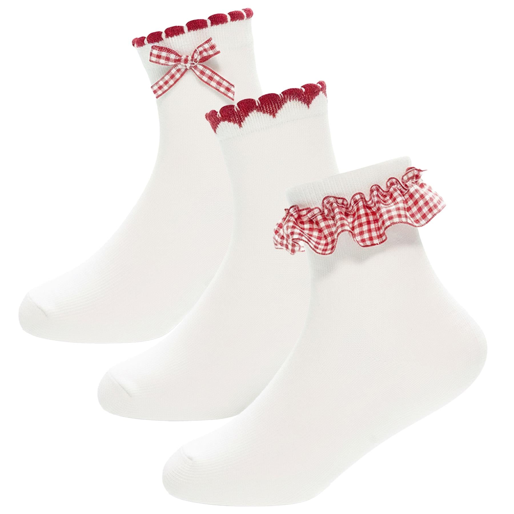 A2Z 4 Kids Girls 3 Pack Gingham Lace Trim Frill & Bow School Ankle Socks
