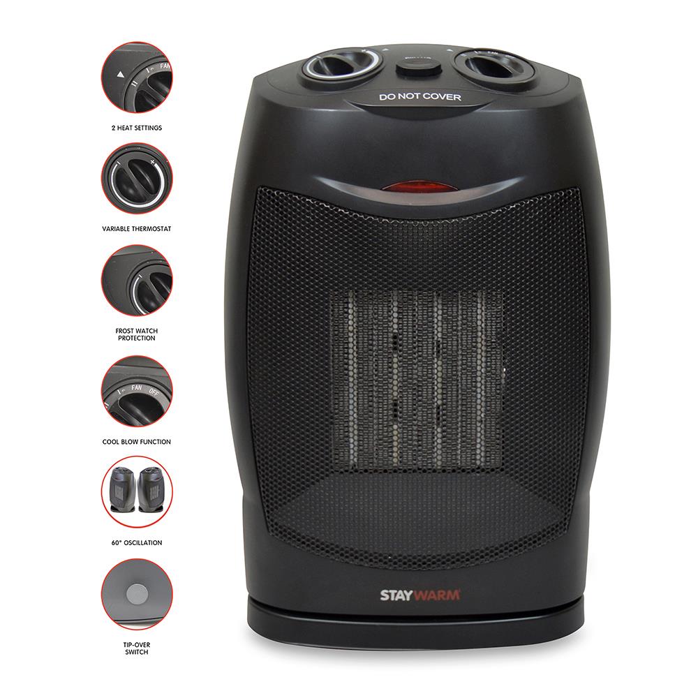 A2Z 1500w Oscillating PTC Ceramic Fan Heater, 1500w, 2 heat settings - Black