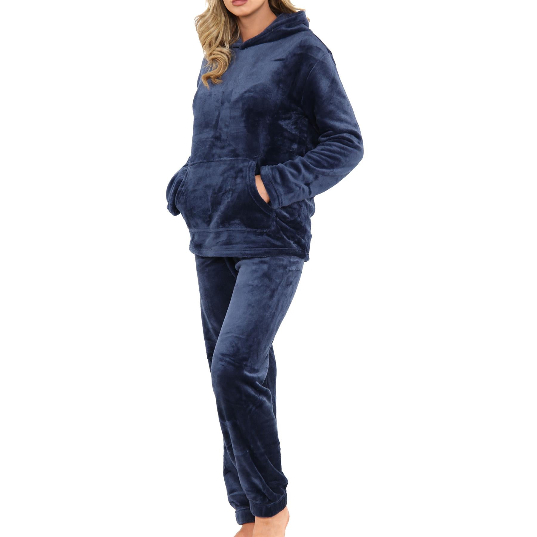 Ladies Pyjamas Set Long Sleeve Hooded Plain Soft Fleece Pyjamas Set