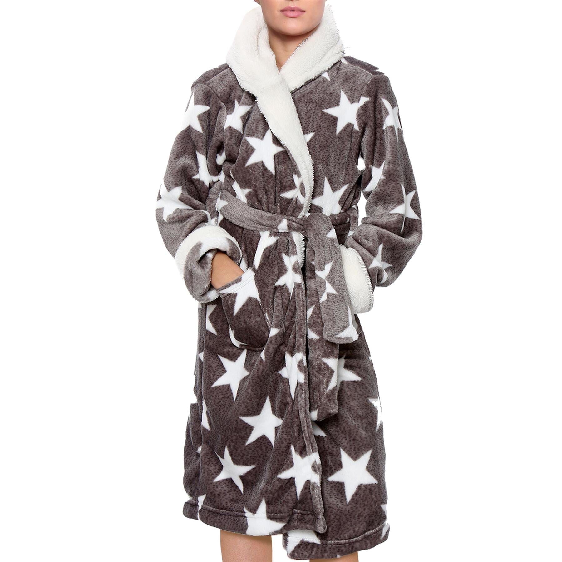 Womens Fleece Luxury Sherpa Hooded Dressing Gown Super Soft Robe