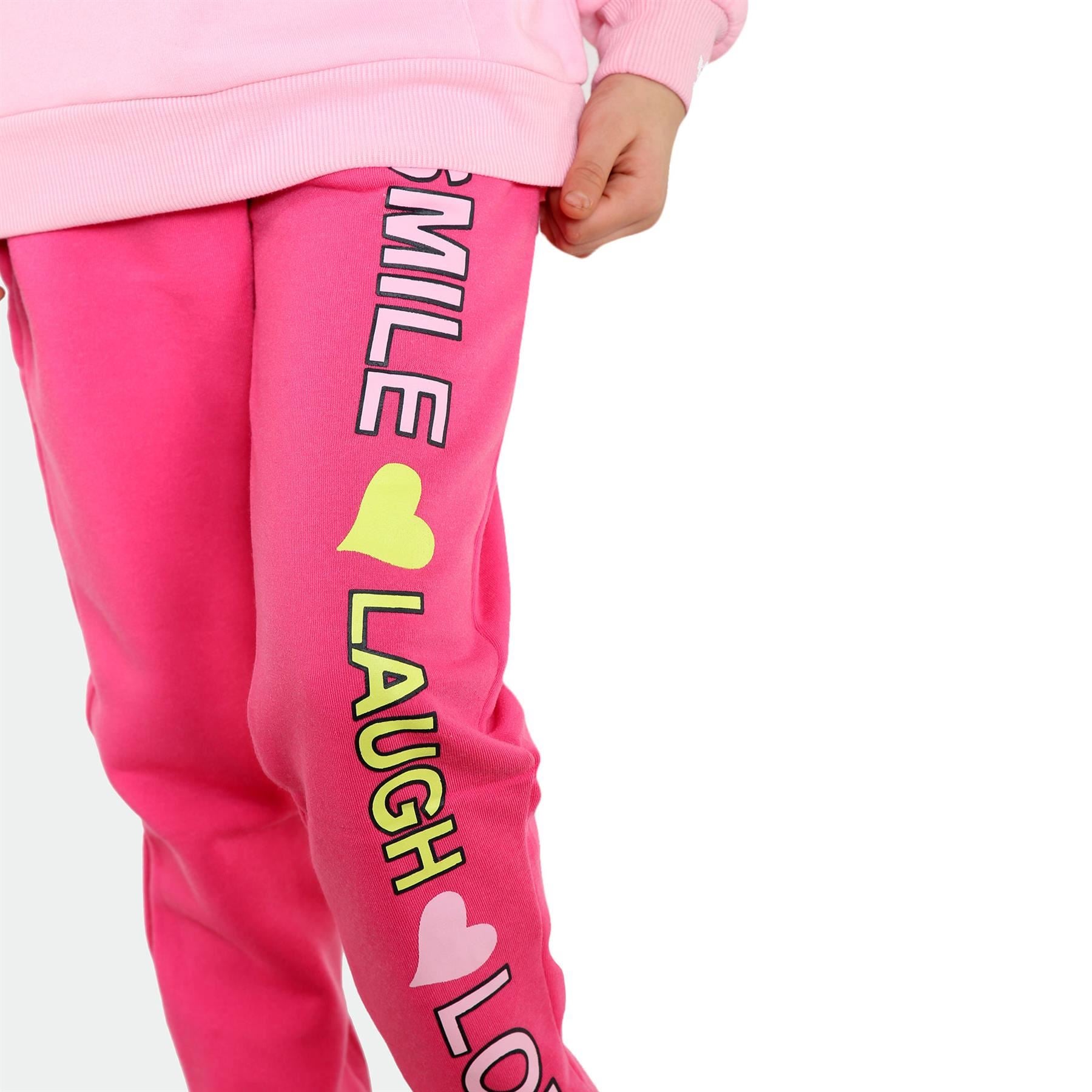 A2Z 4 Kids Girls Tracksuit Smile Laugh Love Print Hooded Top Bottoms Outfit Set