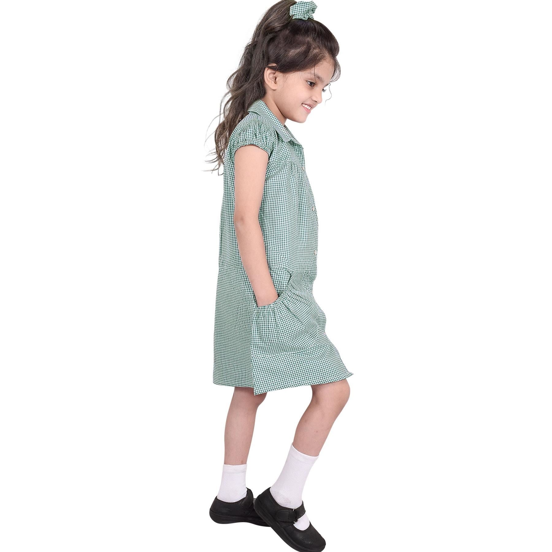 Girls Uniform School Dress Gingham Check Printed Dress With Matching Scrunchies