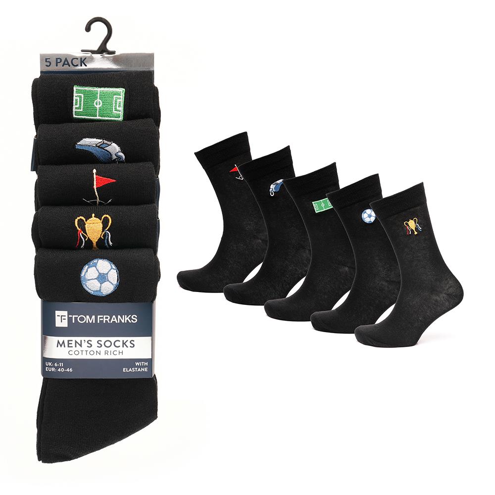 Mens Crew Embroidered Football and Dino Pack of 5 Rich Cotton Comfortable Socks