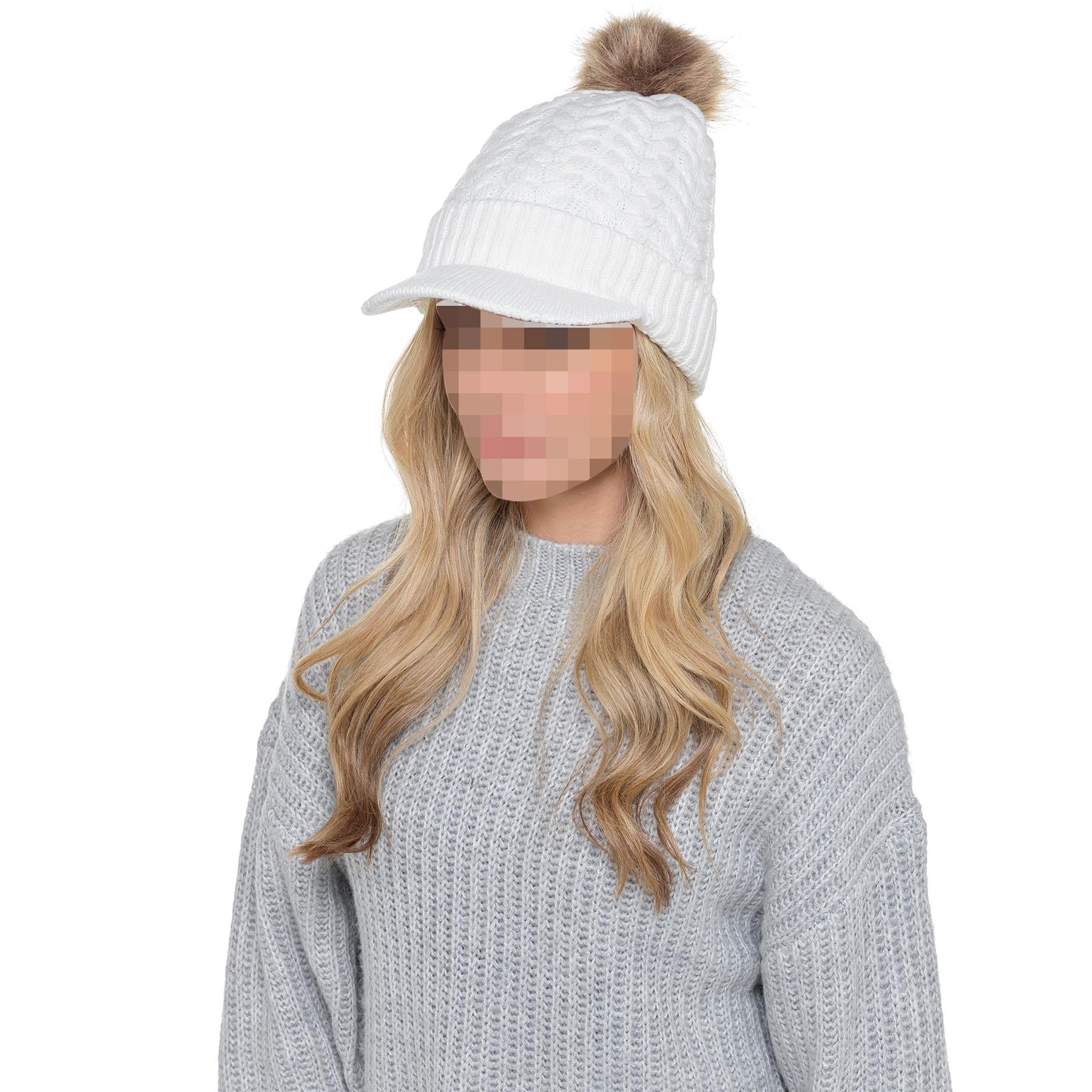 A2Z Ladies Hat Cable Knit Peaked Sherpa Detachable Pom Pom Winter Warm Cozy Caps