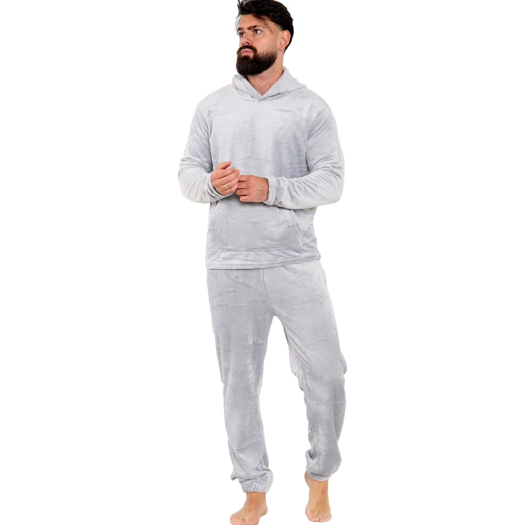 Mens Pyjamas Set Long Sleeve Hooded Plain Soft Fleece Pyjamas Set