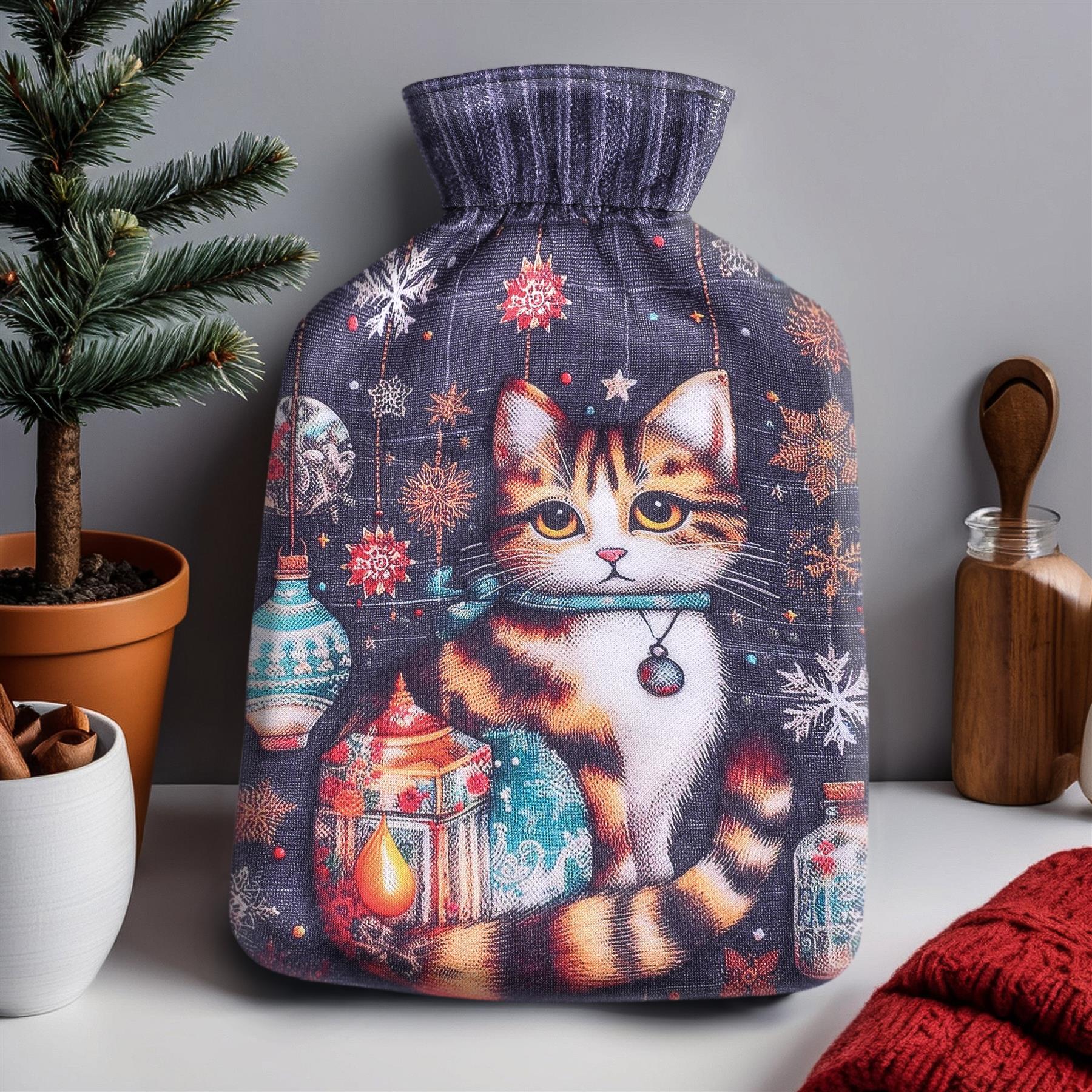 A2Z Hot Water Bottles Animal Cat Snowflake 2L Cosy Fleece Cover Heat Therapy