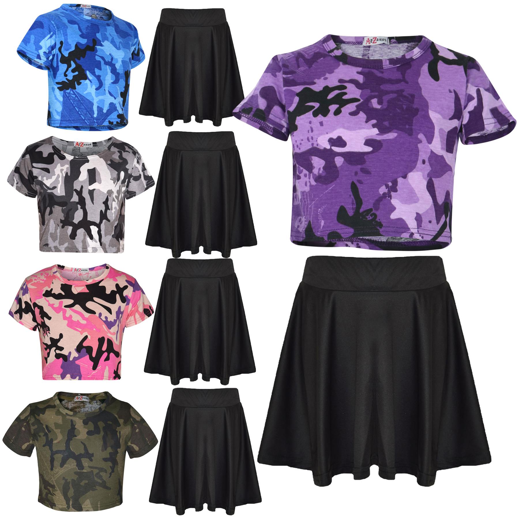 Kids Girls Camouflage Print Crop Top & Skater Skirt Summer Wear Outfit Set