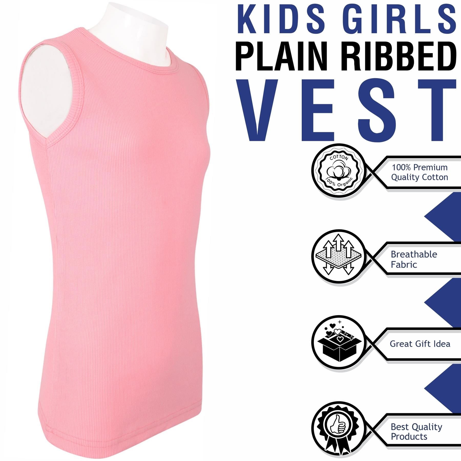Kids Girls Ribbed Vest Top 100% Thick Cotton Fashion Tank Tops T Shirt 2-13 Year