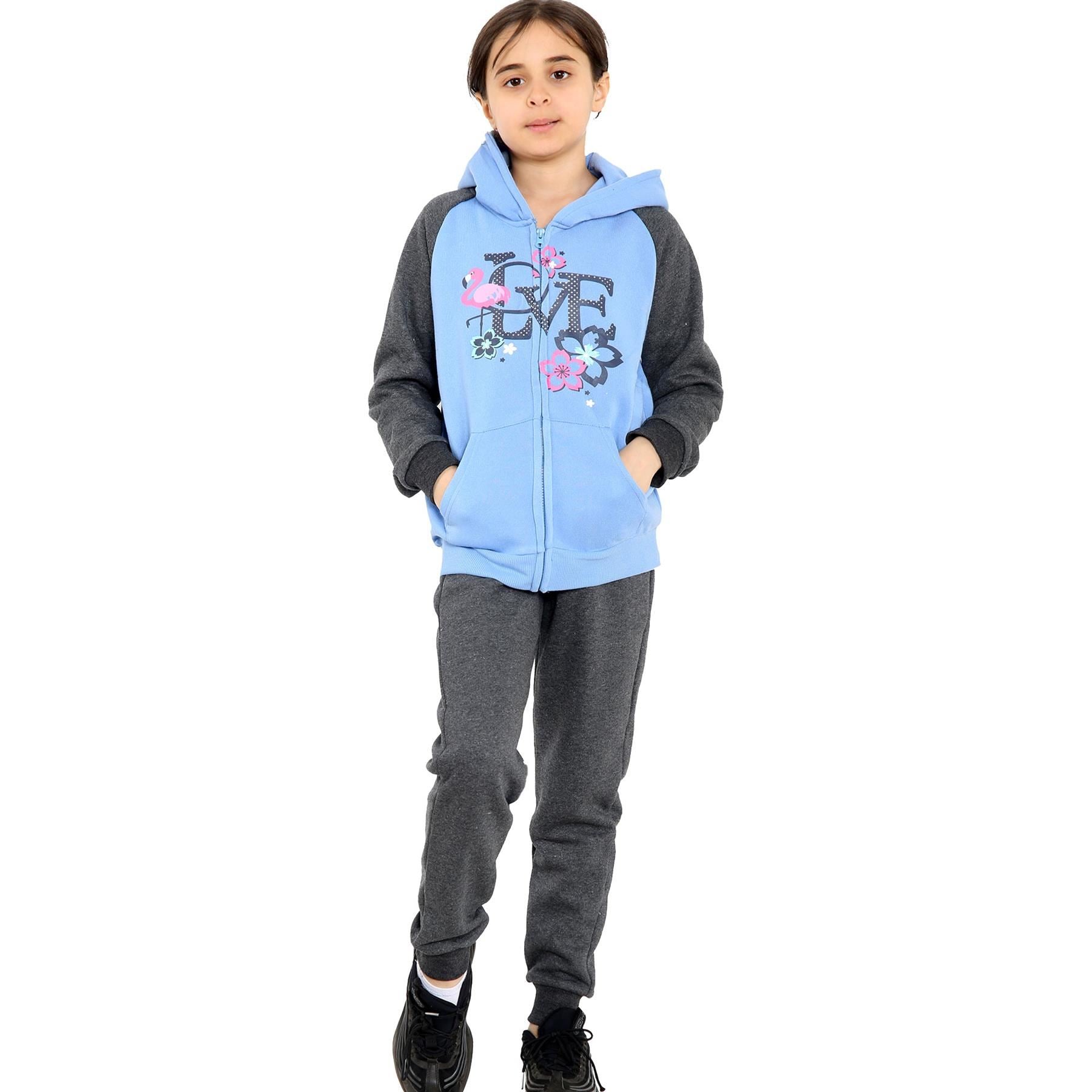 Kids Girls Love Print Hooded Zipper Hoodie & Bottom Jogging Suit